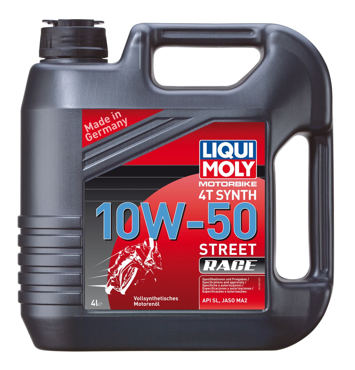 Масло моторное Liqui Moly Motorbike 4T Synth Street Race, синтетическое, 10W-50, 4 л7508 Масло моторное Liqui Moly Motorbike 4T Synth Street Race, синтетическое, 10W-50, 4 л7508Масло моторное Liqui Moly Motorbike 4T Synth Street Race предназначено для эксплуатации гоночной мототехники на дорогах с твердым покрытием. Универсального применения. Особо рекомендуется для техники, производства Ducati, Harley Davidson. Для высоконагруженных мотоциклетных двигателей с мокрым и сухим сцеплением, воздушного и водяного охлаждения. Соответствует рекомендациям ведущих мировых производителей мототехники. Возможно использование на технике с большим пробегом. Современная формула сочетает высокостабильную ПАО-базовую основу с современными присадками. Масло совместимо с фрикционными материалами сцепления даже на особо мощных мотоциклетных двигателях. Отменно противостоит вспениванию и перегреву. Подобранная вязкость гарантирует оптимальную защиту двигателя от прихвата и задиров. Полностью синтетическая базовая основа обеспечивает: - стабильность вязкости в эксплуатации, - стабильное смазывание при высоких оборотах, ...