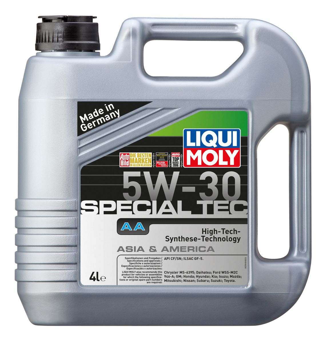 Масло моторное Liqui Moly Special Tec AA, НС-синтетическое, 5W-30, 4 л7516 Масло моторное Liqui Moly Special Tec AA, НС-синтетическое, 5W-30, 4 л7516Масло моторное Liqui Moly Special Tec AA рекомендуется для автомобилей Honda, Mazda, Mitsubishi, Nissan, Daihatsu, Hyundai, Kia, Isuzu, Suzuki, Toyota, Subaru, Ford, Chrysler, GM. Современное HC-синтетическое энергосберегающее моторное масло специально разработано для всесезонного использования в большинстве двигателей современных американских и азиатских бензиновых автомобилей. Базовые масла, полученные по технологии синтеза, и новейшие присадки составляют рецептуру моторного масла с отменной защитой от износа, снижающего расход топлива и масла, обеспечивающего чистоту двигателя и максимально быстрое поступление к трущимся деталям. Особенности: - Быстрое поступление масла ко всем деталям двигателя при низких температурах - Высочайшие показатели топливной экономии - Сокращает эмиссию выхлопных газов - Отличная чистота двигателя - Совместимо с новейшими системами нейтрализации отработавших газов бензиновых двигателей - Высокая...