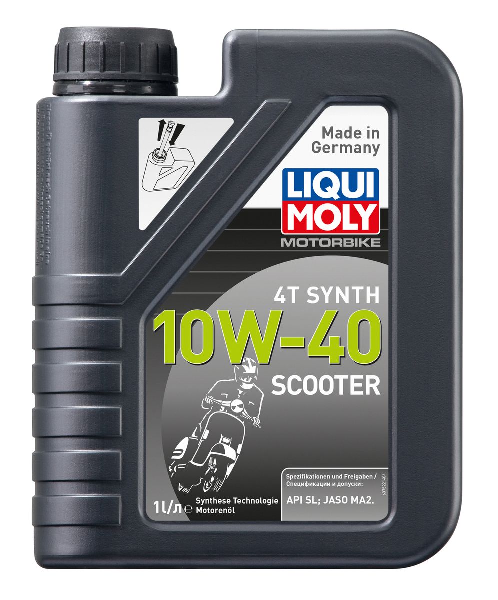 Масло моторное Liqui Moly Scooter Motoroil Synth 4T, НС-синтетическое, 10W-40, 1 л7522 Масло моторное Liqui Moly Scooter Motoroil Synth 4T, НС-синтетическое, 10W-40, 1 л7522Масло моторное Liqui Moly Scooter Motoroil Synth 4T предназначено для эксплуатации 4-тактных скутеров с воздушным и водяным охлаждением. Универсального применения. Всесезонное. Использована НС-синтетическая базовая основа, сочетающая отличные противоизносные свойства с высоким индексом вязкости. Современный пакет присадок обеспечивает отменную совместимость с фрикционными материалами и оптимальное смазывание двигателя. Стойко к высоким оборотам двигателя и температурам в подкапотном пространстве. НС-синтетическая базовая основа в сочетании с современными присадками обеспечивает: - оптимальное давление в системе смазки, - стабильное смазывание двигателя, - отличные антипенные свойства, - высокую защиту двигателя от износа, - снижение шума в работе, - легкий запуск двигателя, - длительный срок службы масла, - стойкость к высоким температурам в режиме Stop&Go. Использование моторного масла Scooter Motoroil...