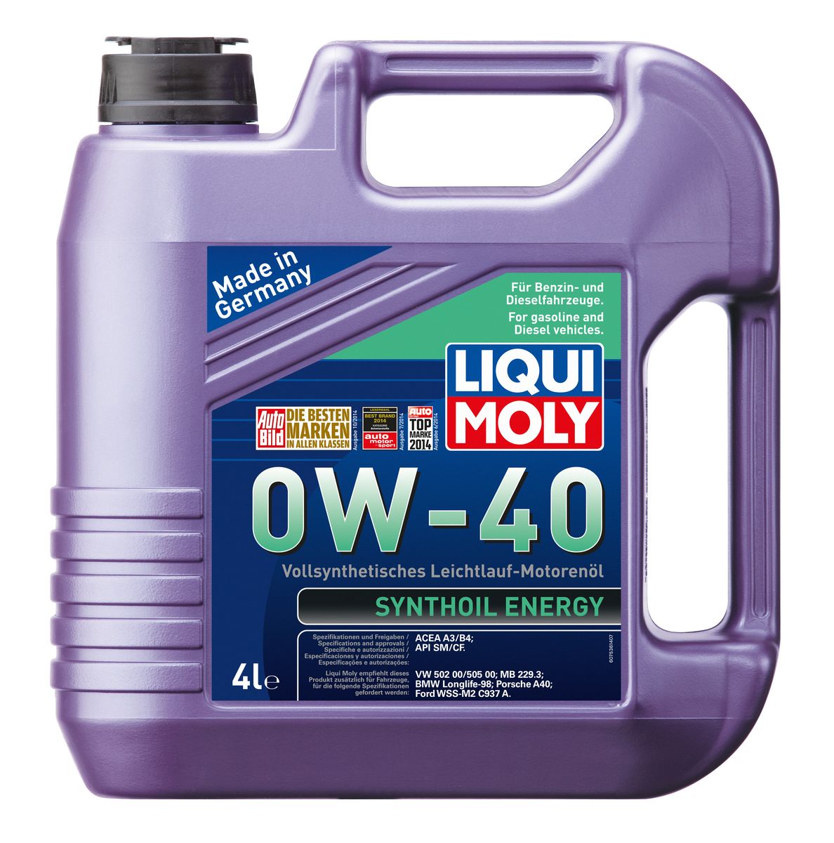 Масло моторное Liqui Moly Synthoil Energy, синтетическое, 0W-40, 4 л7536 Масло моторное Liqui Moly Synthoil Energy, синтетическое, 0W-40, 4 л7536Масло моторное Liqui Moly Synthoil Energy - 100% синтетическое универсальное моторное масло на базе полиальфаолефинов (ПАО) для большинства автомобилей, для которых требования к маслам опираются на международные классификации API и ACEA. Класс вязкости 0W-40 моторного масла на ПАО-базе оптимален для эксплуатации в холодных условиях, обеспечивая уверенный пуск двигателя даже в сильный мороз и высокий уровень защиты. Использование современных полностью синтетических базовых масел (ПАО) и передовых технологий в области разработок присадок гарантирует низкую вязкость масла при низких температурах, высокую надежность масляной пленки. Моторные масла линейки Synthoil предотвращают образование отложений в двигателе, снижают трение и надежно защищают от износа. Особенности: - Отличные пусковые свойства в мороз - Быстрое поступление масла ко всем деталям двигателя при низких температурах - Высокая смазывающая способность - Замечательная термоокислительная...