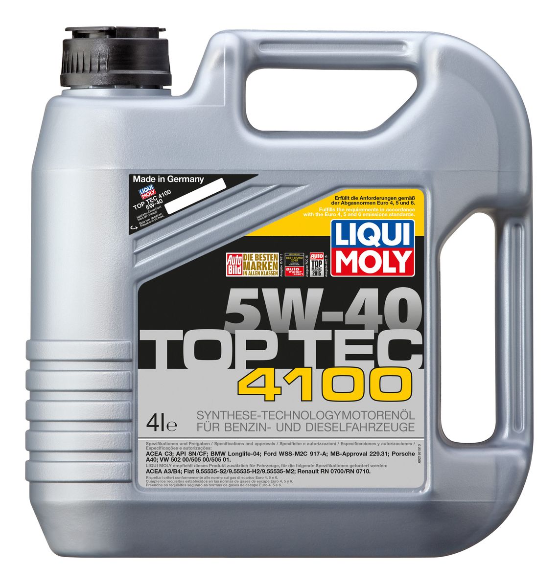 Масло моторное Liqui Moly Top Tec 4100, НС-синтетическое, 5W-40, 4 л7547 Масло моторное Liqui Moly Top Tec 4100, НС-синтетическое, 5W-40, 4 л7547Масло моторное Liqui Moly Top Tec 4100 рекомендуется для бензиновых и дизельных двигателей Mercedes-Benz, BMW, Ford (насос-форсуночные дизели), Honda, Fiat, для всех Porsche с оригинальными двигателями. HC-синтетическое малозольное (Mid SAPS) моторное масло для бензиновых и дизельных двигателей легковых автомобилей, оснащенных двойной системой нейтрализации отработавших газов (в том числе DPF). Соответствует экологическим нормам EURO 4 и выше. Отлично подходит при использовании природного и сжиженного газа (CNG/LPG). В моторных маслах Top Tec используются базовые компоненты, произведенные по новейшим технологиям синтеза и отличающиеся высочайшими защитными свойствами. Масла содержат специальный пакет присадок с пониженным содержанием соединений серы, фосфора и хлора, что обеспечивает совместимость со специфическими системами нейтрализации и обеспечивает минимальные выбросы вредных веществ. Особенности: - Сокращает вредные выбросы - Совместимо с...