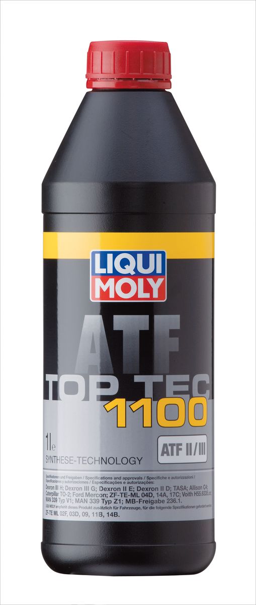 Масло трансмиссионное Liqui Moly Top Tec ATF 1100, НС-синтетическое, 1 л7626 Масло трансмиссионное Liqui Moly Top Tec ATF 1100, НС-синтетическое, 1 л7626Масло трансмиссионное Liqui Moly Top Tec ATF 1100 отвечает требованиям производителей как трансмиссий и гидроусилителей рулевого управления, так и дополнительных навесных агрегатов. HC-синтетическая универсальная жидкость для автоматических и механических трансмиссий легковых и грузовых автомобилей. Обеспечивает безупречную работу агрегатов при любых нагрузках и колебаниях температуры. Top Tec ATF 1100 создана на базе масел HC-синтеза и современного пакета присадок, что гарантирует безупречную работу жидкости при любых нагрузках и колебаниях температуры. Особенности: - Гарантирует высокую температурную стабильность - Обладает максимальной стабильностью к старению - Обеспечивает отличную антикоррозионную защиту Допуск: -Dexron: II D/II E/III G/III H -ATF TASA: (Typ A Suffix A) -ZF: TE-ML 04D/TE-ML 14A/TE-ML 17C -Caterpillar: TO-2 -Ford: Mercon -MAN: 339 Typ V1/339 Typ Z1 -MB: 236.1 ...
