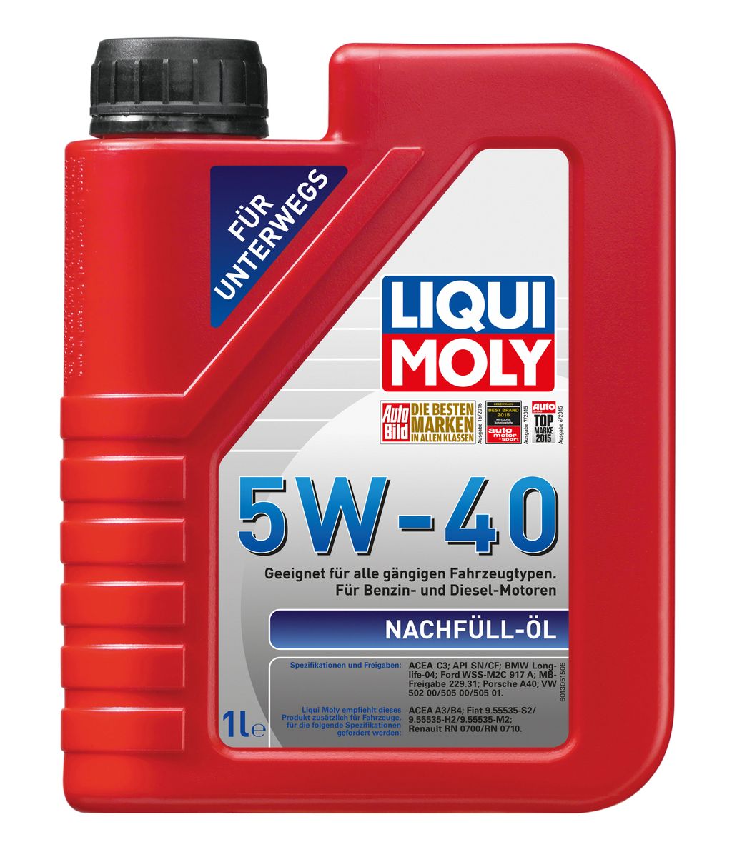 Масло моторное Liqui Moly Nachfull Oil, НС-синтетическое, 5W-40, 1 л8027 Масло моторное Liqui Moly Nachfull Oil, НС-синтетическое, 5W-40, 1 л8027Масло моторное Liqui Moly Nachfull Oil специально предназначено для доливки в случае, если ранее залитое масло недоступно. Смешивается и совместимо со всеми стандартными моторными маслами. Это современное малозольное НС-синтетическое моторное масло с именными допусками производителей. Экономит топливо за счет сниженной высокотемпературной вязкости. Снижает трение и износ в двигателе. Совместимо с большинством катализаторов и сажевых фильтров. Особенности: - предназначено для всех типов двигателей автомобилей, - смешивается со всеми обычными моторными маслами, - быстрое поступление масла ко всем деталям двигателя при низких температурах, - очень высокая стабильность масляной пленки при высоких и низких температурах, - высокая стабильность масла к сдвигу и старению, - очень хорошие противоизносные свойства, - экономит топливо и снижает количество вредных веществ в выхлопе, - обеспечивает оптимальную чистоту двигателя, -...