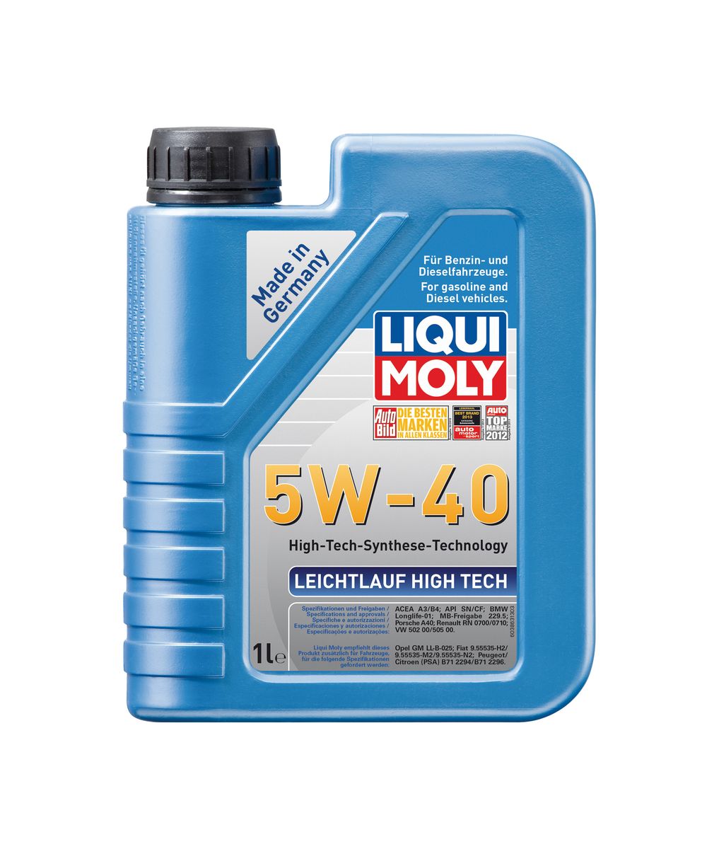 Масло моторное Liqui Moly Leichtlauf High Tech, НС-синтетическое, 5W-40, 1 л8028 Масло моторное Liqui Moly Leichtlauf High Tech, НС-синтетическое, 5W-40, 1 л8028Масло моторное Liqui Moly Leichtlauf High Tech - универсальное моторное масло на базе гидрокрекинговой технологии синтеза (HC-синтеза). Удовлетворяет современным требованиям международных стандартов API и ACEA, а также имеет оригинальные допуски таких производителей, как Mercedes-Benz, Volkswagen Group. Масло имеет высокую стабильность к окислению и угару, поэтому может использоваться в нагруженных бензиновых и дизельных двигателях с турбонаддувом и интеркулером. В моторном масле Leichtlauf High Tec 5W-40 используются базовые компоненты, произведенные по новейшим технологиям синтеза и отличающиеся высочайшими защитными свойствами. Масло содержит специальный пакет присадок, который обеспечивает высочайший уровень защиты от износа, предотвращает образование и накопление отложений в масляной системе и гарантирует стабильное поступление масла ко всем деталям двигателя. Особенности: - Быстрое поступление масла к деталям двигателя при низких...