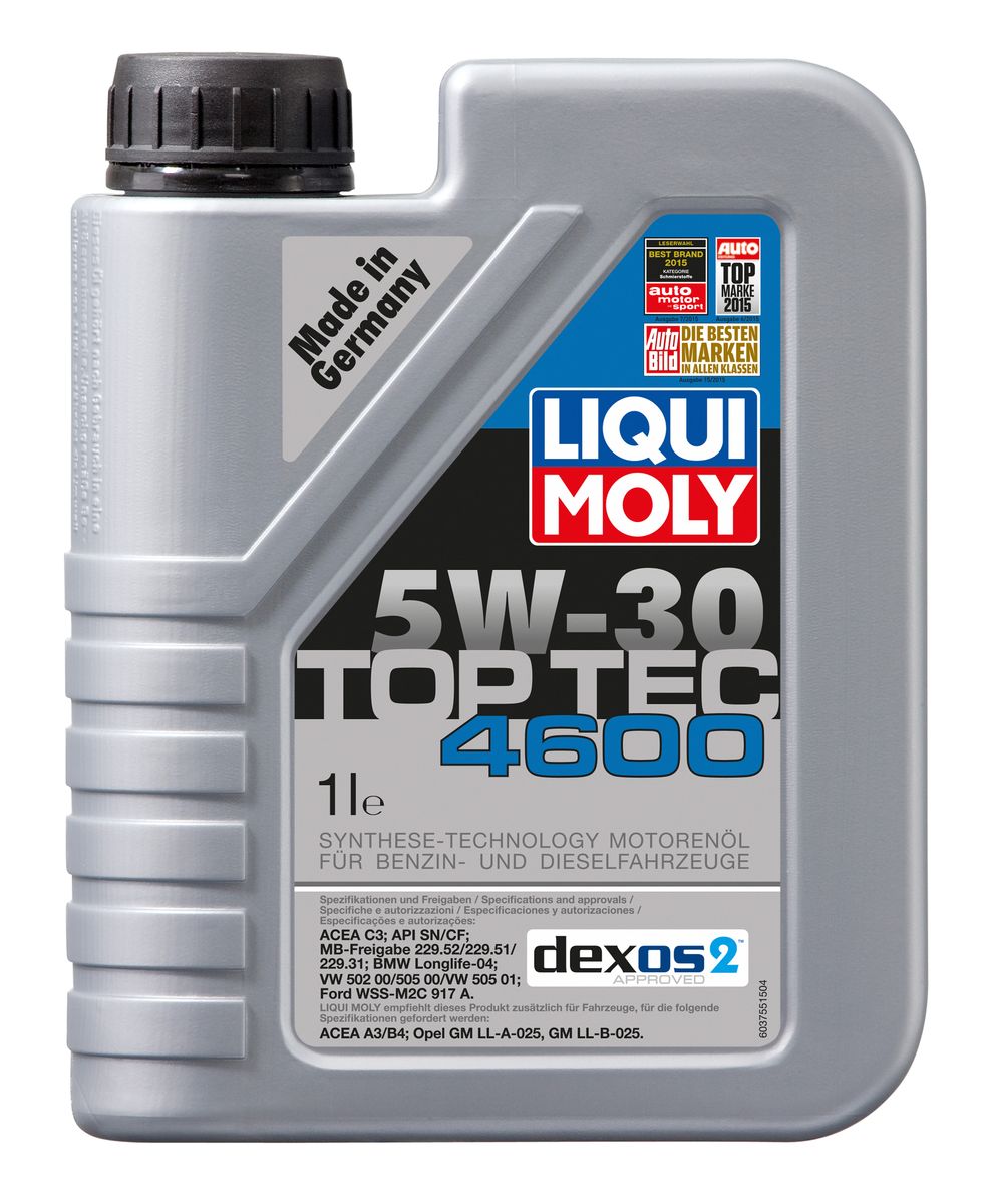 Масло моторное Liqui Moly Top Tec 4600, НС-синтетическое, 5W-30, 1 л8032 Масло моторное Liqui Moly Top Tec 4600, НС-синтетическое, 5W-30, 1 л8032Масло моторное Liqui Moly Top Tec 4600 обладает именными допусками концернов GM (dexos2), Ford, VW, BMW, Mercedes-Benz. В 2015 году получило новейший допуск Mercedes-Benz 229.52 для двигателей EURO 5/6, что позволило полностью заменить в программе выпуска моторное масло Top Tec 4700 5W-30. HC-синтетическое малозольное (Mid SAPS) моторное масло для круглогодичного использования в бензиновых и дизельных двигателях легковых автомобилей. Рекомендуется для современных дизельных двигателей с многоступенчатым катализатором и сажевым фильтром (DPF). Отлично подходит для использования в автомобилях, переоборудованных под использование природного и сжиженного газа (CNG/LPG). В моторных маслах Top Tec используются базовые компоненты, произведенные по новейшим технологиям синтеза и отличающиеся высочайшими защитными свойствами. Масла содержат специальный пакет присадок с пониженным содержанием соединений серы, фосфора и хлора, что обеспечивает совместимость со специфическими...