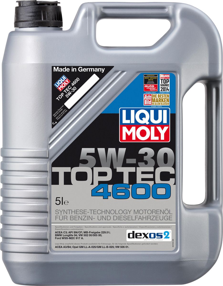 Масло моторное Liqui Moly Top Tec 4600, НС-синтетическое, 5W-30, 5 л8033 Масло моторное Liqui Moly Top Tec 4600, НС-синтетическое, 5W-30, 5 л8033Масло моторное Liqui Moly Top Tec 4600 обладает именными допусками концернов GM (dexos2), Ford, VW, BMW, Mercedes-Benz. В 2015 году получило новейший допуск Mercedes-Benz 229.52 для двигателей EURO 5/6, что позволило полностью заменить в программе выпуска моторное масло Top Tec 4700 5W-30. HC-синтетическое малозольное (Mid SAPS) моторное масло для круглогодичного использования в бензиновых и дизельных двигателях легковых автомобилей. Рекомендуется для современных дизельных двигателей с многоступенчатым катализатором и сажевым фильтром (DPF). Отлично подходит для использования в автомобилях, переоборудованных под использование природного и сжиженного газа (CNG/LPG). В моторных маслах Top Tec используются базовые компоненты, произведенные по новейшим технологиям синтеза и отличающиеся высочайшими защитными свойствами. Масла содержат специальный пакет присадок с пониженным содержанием соединений серы, фосфора и хлора, что обеспечивает совместимость со специфическими...