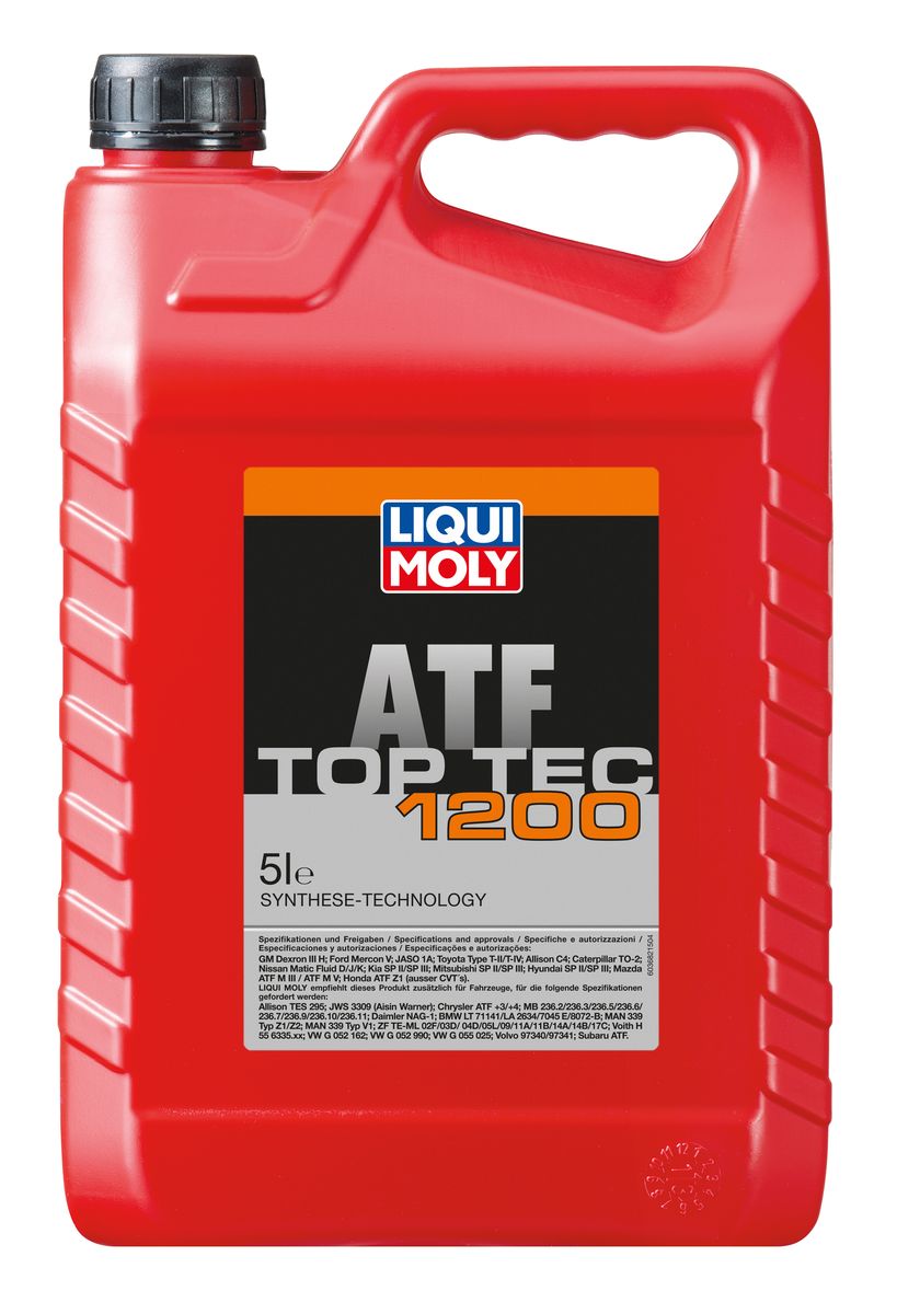 Масло трансмиссионное Liqui Moly Top Tec ATF 1200, НС-синтетическое, 5 л8040 Масло трансмиссионное Liqui Moly Top Tec ATF 1200, НС-синтетическое, 5 л8040Масло трансмиссионное Liqui Moly Top Tec ATF 1200 отвечает требованиям производителей трансмиссий как для грузовых, так и для легковых автомобилей. HC-синтетическая универсальная жидкость создана по специальной рецептуре, позволяющей соответствовать требованиям многочисленных производителей агрегатов и транспортных средств, даже в самых тяжелых условиях эксплуатации и при сильных температурных колебаниях. Top Tec ATF 1200 создано на базе высококачественных масел HC-синтеза и специального пакета присадок, обеспечивающего адаптивный коэффициент трения, отличную совместимость с материалами фрикционов и гарантирующего максимальную универсальность применения. Особенности: - Имеет очень высокий индекс вязкости - Гарантирует очень высокую тепловую стабильность - Обладает отличными низкотемпературными свойствами - Универсально применимо Допуск: -Dexron: III H -JASO: 1A -Caterpillar: TO-2 -Ford: Mercon V...