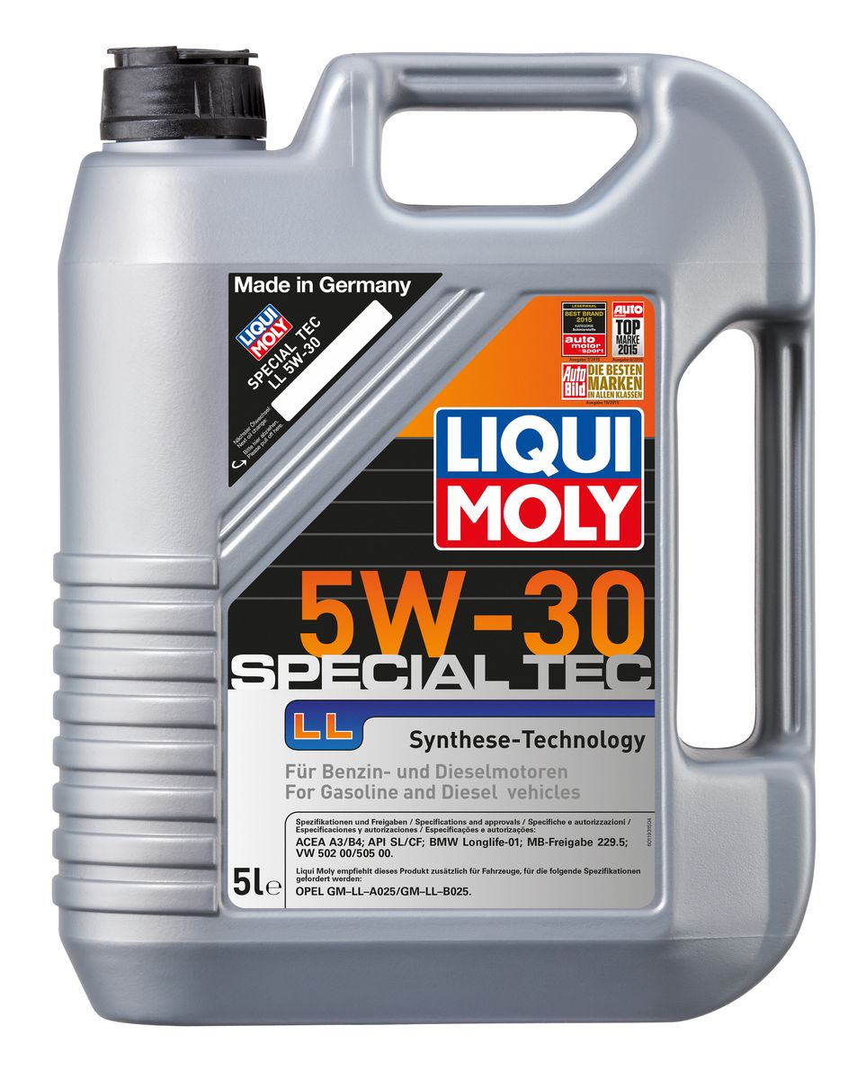 Масло моторное Liqui Moly Special Tec LL, НС-синтетическое, 5W-30, 5 л8055 Масло моторное Liqui Moly Special Tec LL, НС-синтетическое, 5W-30, 5 л8055Масло моторное Liqui Moly Special Tec LL рекомендуется для широкого спектра автомобилей с высочайшими требованиями к свойствам моторного масла, таких как Mercedes-Benz, BMW, VW, Opel. HC-синтетическое всесезонное маловязкое моторное масло произведено по новейшим технологическим требованиям. Удовлетворяет условиям LongLife-сервиса. Масло протестировано на турбированных и оснащенных катализаторами моторах. Может использоваться и в двигателях Opel предыдущих поколений, в которых разрешено применение моторных масел данного класса вязкости. Благодаря комбинации НС-синтетических базовых масел и самых современных присадок моторные масла Special Tec LL обеспечивают высочайший уровень защиты от износа, предотвращают образование и накопление отложений в масляной системе и гарантируют стабильное быстрое поступление масла ко всем деталям двигателя. Масло имеет высокий показатель щелочного числа (TBN > 10,5 мг(KOH)/г), что обеспечивает высочайшие моющие свойства. ...