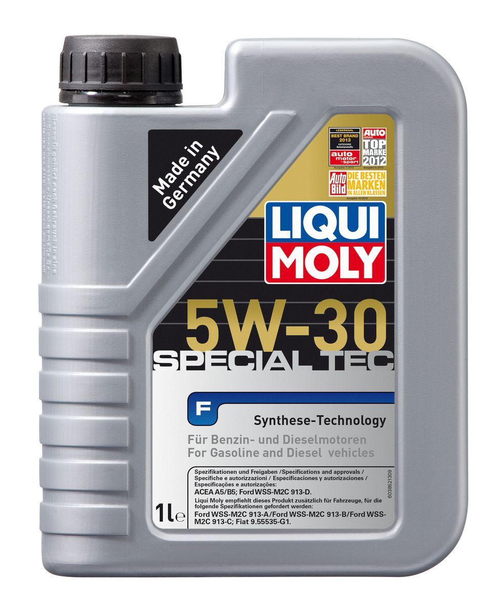 Масло моторное Liqui Moly Special Tec F, НС-синтетическое, 5W-30, 1 л8063 Масло моторное Liqui Moly Special Tec F, НС-синтетическое, 5W-30, 1 л8063Масло моторное Liqui Moly Special Tec F рекомендуется для широкого спектра двигателей Ford, особенно для легкого коммерческого транспорта. Моторное масло на основе НС-синтетической технологии. Оптимально для современных бензиновых и дизельных двигателей, в том числе многоклапапанных, с системой управления фазами газораспределения, турбонаддувом, охлаждением наддувочного воздуха (LLK), фильтром сажевых частиц (DPF). Благодаря комбинации НС-синтетических базовых масел и самых современных присадок моторные масла Special Tec F обеспечивают исключительную защиту от износа, снижение расхода топлива и стабильное быстрое поступление масла ко всем деталям двигателя. Удовлетворяет требованиям новейшей спецификации Ford WSS-M2C913-D. Особенности: - Быстрое поступление масла ко всем деталям двигателя при низких температурах - Высочайшие показатели топливной экономии - Замечательные смазывающие свойства - Хорошая стабильность к старению и...