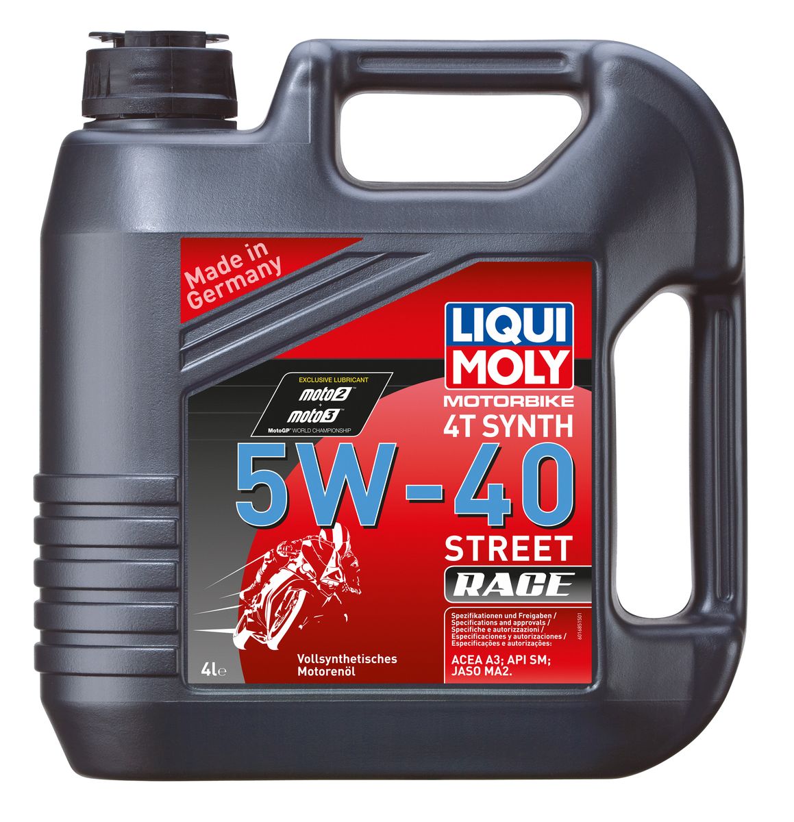 Масло моторное Liqui Moly Motorbike 4T Synth Street Race, синтетическое, 5W-40, 4 л8070 Масло моторное Liqui Moly Motorbike 4T Synth Street Race, синтетическое, 5W-40, 4 л8070Масло моторное Liqui Moly Motorbike 4T Synth Street Race предназначено для эксплуатации гоночной мототехники на дорогах с твердым покрытием. Универсального применения. Особо рекомендуется для техники, производства с 2010 года марок Piaggio, Aprilia, BMW. Для высоконагруженных мотоциклетных двигателей с мокрым и сухим сцеплением, воздушного и водяного охлаждения. Современная формула сочетает высокостабильную ПАО-базовую основу с современными присадками. Масло совместимо с фрикционными материалами сцепления даже на особо мощных мотоциклетных двигателях. Отменно противостоит пенообразованию на высоких оборотах. Подобранная вязкость гарантирует максимальную мощность в сочетании с оптимальной защитой двигателя. Полностью синтетическая базовая основа обеспечивает: - стабильность вязкости в эксплуатации, - стабильное смазывание при высоких оборотах, - чистоту двигателя, - высокую защиту двигателя от износа, - низкий расход масла на угар, ...