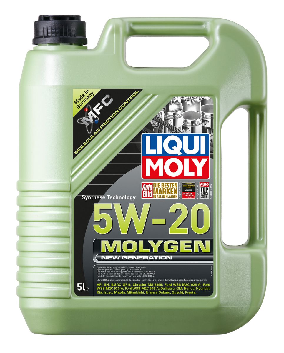 Масло моторное Liqui Moly Molygen New Generation, НС-синтетическое, 5W-20, 5 л8540 Масло моторное Liqui Moly Molygen New Generation, НС-синтетическое, 5W-20, 5 л8540Масло моторное Liqui Moly Molygen New Generation - это маловязкое моторное масло на базе HC-синтетической технологии с фирменным антифрикционным пакетом присадок Molygen, созданным на основе новейшей технологии Molecular Friction Control. Для самых современных автомобилей американского и азиатского рынка, в частности Honda, Toyota, Ford, Chrisler. Экономит до 7% топлива и существенно продлевает ресурс двигателя. Моторное масло удовлетворяет самым современным спецификациям API SN и ILSAC GF-5 и имеет энергосберегающий класс вязкости 5W-20. Особенности: - Наивысшая защита от износа - Высочайшие показатели топливной экономии - Быстрое поступление масла ко всем деталям двигателя при низких температурах - Сокращает эмиссию выхлопных газов - Отличная чистота двигателя - Совместимо с современными системами нейтрализации отработавших газов бензиновых двигателей - Очень низкий расход масла - Цветовой индикатор утечек,...