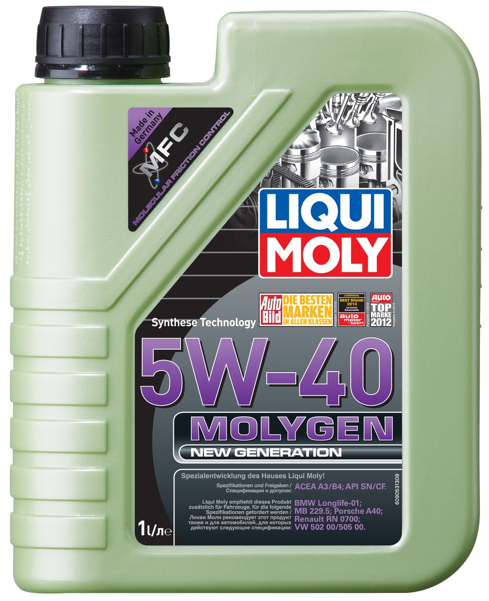 Масло моторное Liqui Moly Molygen New Generation, НС-синтетическое, 5W-40, 1 л9053 Масло моторное Liqui Moly Molygen New Generation, НС-синтетическое, 5W-40, 1 л9053Масло моторное Liqui Moly Molygen New Generation - моторное масло на базе HC-синтетической технологии с фирменным антифрикционным пакетом присадок Molygen, созданным на основе новейшей технологии Molecular Friction Control. Оптимально для автомобилей европейского и российского рынка. Экономит до 3,5% топлива и существенно продлевает ресурс двигателя. Моторное масло удовлетворяет современным спецификациям API/ACEA. Особенности: - Наивысшая защита от износа - Высокие показатели топливной экономии - Быстрое поступление масла к деталям двигателя при низких температурах - Очень низкий расход масла - Отличная чистота двигателя - Экономия топлива и снижение вредных выбросов - Проверено на системах с турбинами, компрессорами и катализаторами Моторное масло Molygen NG 5W-40 благодаря новейшей формуле MFC позволяет существенно увеличить ресурс двигателя и сэкономить за счет снижения расхода топлива. Соответствия...
