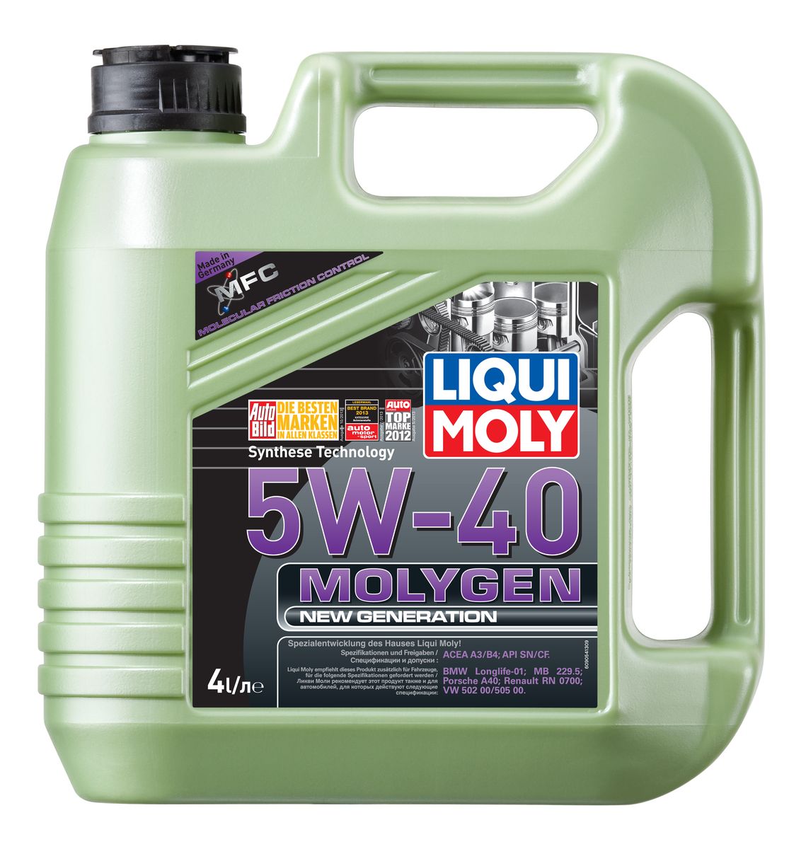 Масло моторное Liqui Moly Molygen New Generation, НС-синтетическое, 5W-40, 4 л9054 Масло моторное Liqui Moly Molygen New Generation, НС-синтетическое, 5W-40, 4 л9054Масло моторное Liqui Moly Molygen New Generation - моторное масло на базе HC-синтетической технологии с фирменным антифрикционным пакетом присадок Molygen, созданным на основе новейшей технологии Molecular Friction Control. Оптимально для автомобилей европейского и российского рынка. Экономит до 3,5% топлива и существенно продлевает ресурс двигателя. Моторное масло удовлетворяет современным спецификациям API/ACEA. Особенности: - Наивысшая защита от износа - Высокие показатели топливной экономии - Быстрое поступление масла к деталям двигателя при низких температурах - Очень низкий расход масла - Отличная чистота двигателя - Экономия топлива и снижение вредных выбросов - Проверено на системах с турбинами, компрессорами и катализаторами Моторное масло Molygen NG 5W-40 благодаря новейшей формуле MFC позволяет существенно увеличить ресурс двигателя и сэкономить за счет снижения расхода топлива. Соответствия и...