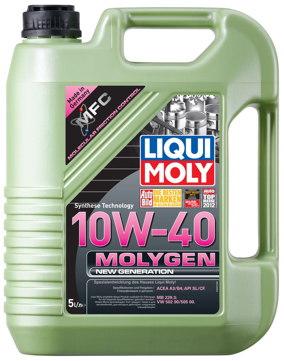 Масло моторное Liqui Moly Molygen New Generation, НС-синтетическое, 10W-40, 5 л9061 Масло моторное Liqui Moly Molygen New Generation, НС-синтетическое, 10W-40, 5 л9061Масло моторное Liqui Moly Molygen New Generation - моторное масло на базе HC-синтетической технологии с фирменным антифрикционным пакетом присадок Molygen, созданным на основе новейшей технологии Molecular Friction Control. Оптимально для автомобилей европейского и российского рынка. Экономит до 2,5% топлива и существенно продлевает ресурс двигателя. Моторное масло удовлетворяет современным спецификациям API/ACEA. Класс вязкости позволяет обеспечить высочайший уровень защиты автомобилей с серьезным пробегом и легкого коммерческого транспорта. Комбинация самых современных базовых масел и новейшего уникального пакета присадок Molygen, созданного на основе гибридной технологии MFC, обеспечивает моторному маслу непревзойденные защитные свойства. Технология MFC (Molecular Friction Control) работает посредством легирования поверхностного слоя деталей двигателя ионами молибдена и вольфрама. В результате легированные поверхности обладают очень высоким запасом ...