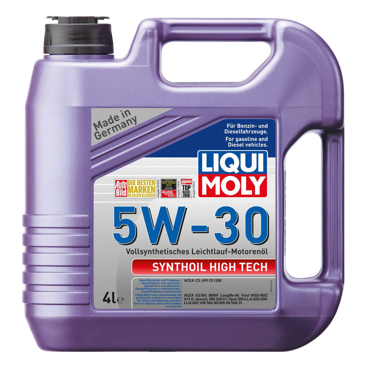 Масло моторное Liqui Moly Synthoil High Tech, синтетическое, 5W-30, 4 л9076 Масло моторное Liqui Moly Synthoil High Tech, синтетическое, 5W-30, 4 л9076Масло моторное Liqui Moly Synthoil High Tech - 100% синтетическое универсальное моторное масло на базе полиальфаолефинов (ПАО) для большинства автомобилей, для которых требования к маслам опираются на международные классификации API и ACEA. Популярнейший класс вязкости для всех современных автомобилях. Благодаря новейшему классу ACEA C3 моторное масло отлично подходит для автомобилей с сажевыми фильтрами. Использование современных, полностью синтетических базовых масел (ПАО) и передовых технологий в области разработок присадок гарантирует низкую вязкость масла при низких температурах, высокую надежность масляной пленки. Моторные масла линейки Synthoil предотвращают образование отложений в двигателе, снижают трение и надежно защищают от износа. Особенности: - Быстрое поступление масла к трущимся деталям при низких температурах - Высокая защита двигателя от износа - Замечательная термоокислительная стабильность и устойчивость к старению -...