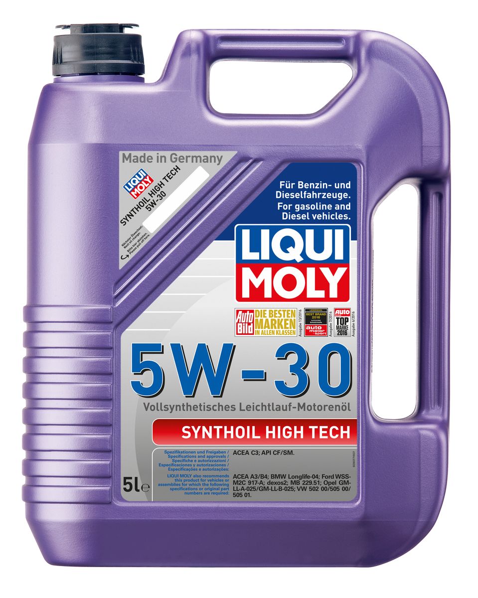 Масло моторное Liqui Moly Synthoil High Tech, синтетическое, 5W-30, 5 л9077 Масло моторное Liqui Moly Synthoil High Tech, синтетическое, 5W-30, 5 л9077Масло моторное Liqui Moly Synthoil High Tech - 100% синтетическое универсальное моторное масло на базе полиальфаолефинов (ПАО) для большинства автомобилей, для которых требования к маслам опираются на международные классификации API и ACEA. Популярнейший класс вязкости для всех современных автомобилях. Благодаря новейшему классу ACEA C3 моторное масло отлично подходит для автомобилей с сажевыми фильтрами. Использование современных, полностью синтетических базовых масел (ПАО) и передовых технологий в области разработок присадок гарантирует низкую вязкость масла при низких температурах, высокую надежность масляной пленки. Моторные масла линейки Synthoil предотвращают образование отложений в двигателе, снижают трение и надежно защищают от износа. Особенности: - Быстрое поступление масла к трущимся деталям при низких температурах - Высокая защита двигателя от износа - Замечательная термоокислительная стабильность и устойчивость к старению -...