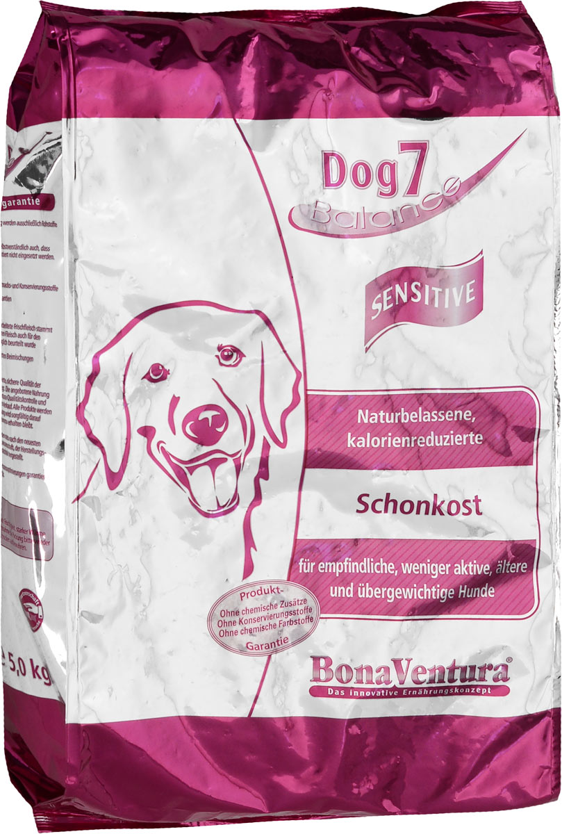 Корм сухой BonaVentura Dog 7 Sensitive для взрослых собак, склонных к полноте, 5 кг205305 Корм сухой BonaVentura Dog 7 Sensitive для взрослых собак, склонных к полноте, 5 кг205305Натуральный корм BonaVentura Dog 7 Sensitive предназначен для взрослых собак, склонных к полноте. Он произведен из продуктов, пригодных в пищу человека по специальной технологии, схожей с технологией Sous Vide. Благодаря технологии при изготовлении сохраняются все натуральные витамины и минералы. Это достигается благодаря бережной обработке всех ингредиентов при температуре менее 80 градусов. Такая бережная обработка продуктов не стерилизует продуктовые компоненты. Благодаря этому корма не нуждаются ни в каких дополнительных вкусовых добавках и сохраняют все необходимые полезные вещества. При производстве кормов используются исключительно свежие натуральные продукты: мясо, овощи и зерновые; Приготовлено из 100% свежего мяса, пригодного в пищу человеку; Содержит натуральные витамины, аминокислоты, минеральные вещества и микроэлементы; С экстрактом масла зародышей зерна пшеницы холодного отжима (Bio-Dura); Без химических красителей, усилителей вкуса,...