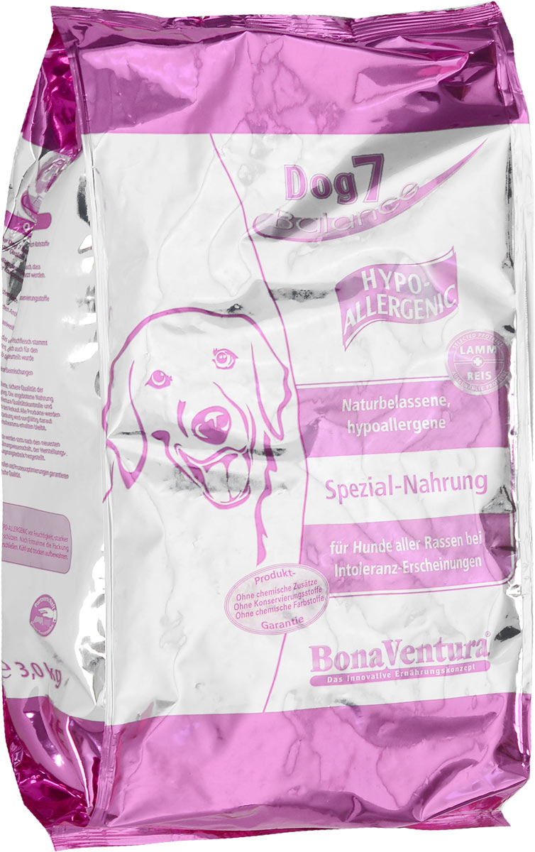 Корм сухой BonaVentura Dog 7 Hipo Allergenic для собак, гипоаллергенный, с бараниной и рисом, 3 кг205403 Корм сухой BonaVentura Dog 7 Hipo Allergenic для собак, гипоаллергенный, с бараниной и рисом, 3 кг205403Натуральный гиппоалергенный корм для собак BonaVentura Dog 7 Hipo Allergenic произведен из продуктов, пригодных в пищу человека по специальной технологии, схожей с технологией Sous Vide. Благодаря технологии при изготовлении сохраняются все натуральные витамины и минералы. Это достигается благодаря бережной обработке всех ингредиентов при температуре менее 80 градусов. Такая бережная обработка продуктов не стерилизует продуктовые компоненты. Благодаря этому корма не нуждаются ни в каких дополнительных вкусовых добавках и сохраняют все необходимые полезные вещества. При производстве кормов используются исключительно свежие натуральные продукты: мясо, овощи и зерновые; Приготовлено из 100% свежего мяса, пригодного в пищу человеку; Содержит натуральные витамины, аминокислоты, минеральные вещества и микроэлементы; С экстрактом масла зародышей зерна пшеницы холодного отжима (Bio-Dura); Без химических красителей, усилителей вкуса, искусственных консервантов и...