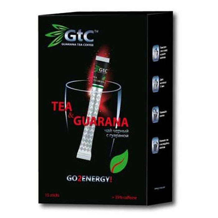 GTC чай черный с гуараной в пакетиках, 15 шт00-00000405 GTC чай черный с гуараной в пакетиках, 15 шт00-00000405Классический черный индийский чай GTC с натуральной гуараной. Этот напиток вобрал в себя легкий вкус и приятный аромат лучшего черного индийского чая и гуараны – растения родом из Бразилии. Сам по себе черный чай повышает работоспособность, снимает утомление, стимулирует работу сердца, благоприятно влияет на почки и пищеварительную систему. Гуарана похожа на кофеин, она усиливает тонизирующее действие чая, активизирует мозговую деятельность и способствует концентрации внимания.