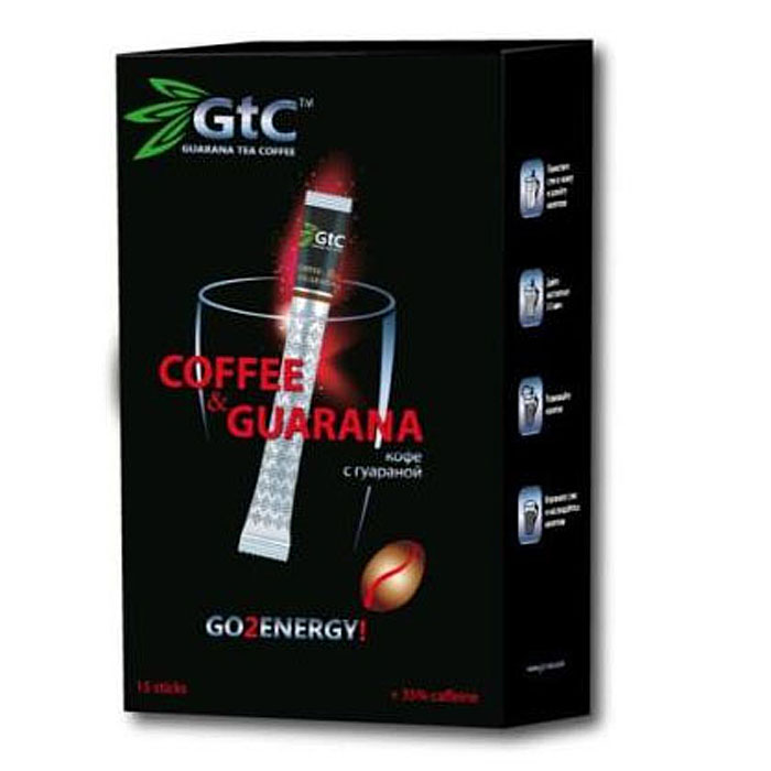 GTC кофе растворимый с гуараной в пакетиках, 15 шт00-00000407 GTC кофе растворимый с гуараной в пакетиках, 15 шт00-00000407Кофе с гуараной GTC – это уникальная композиция, состоящая из молотого и сублимированного кофе с добавлением натурального экстракта гуараны. Изготовление кофе с гуараной осуществляется по бразильскому рецепту, благодаря чему готовый продукт объединяет в себе все самое лучшее. Кофе с гуараной содержит в себе целый перечень питательных веществ. Кофеин, органические кислоты и минеральные вещества оказывают тонизирующее действие на нервную систему, улучшают работу сердца и пищеварительной системы. Полифенолы, тригонелин и витамины С, Р, В1, В2, В6, В12 замедляют старение, активизируют обменные процессы, поддерживают тонус сосудов и иммунитет.