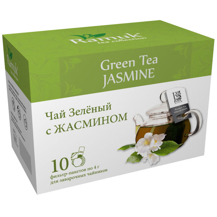 Ramuk чай зеленый с жасмином в пакетиках, 10 шт00-00000398 Ramuk чай зеленый с жасмином в пакетиках, 10 шт00-00000398Чай зеленый с цветками жасмина имеет утонченный сладкий аромат, это самый популярный душистый чай в Китае. Считается, что жасмин принесен в Китай из Персии в глубокой древности - во II—V веках. Он выращивается на большой высоте на горных плантациях. В качестве производителей жасминового чая наиболее известны китайские провинции Хунань, Цзянсу, Гуандун, Гуанси, и Чжэцзян. Наилучшей репутацией пользуется чай из провинции Фуцзянь.