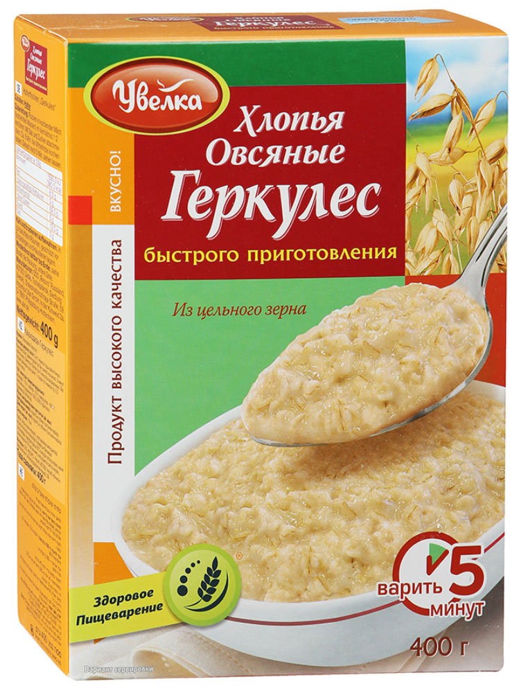 Увелка хлопья овсяные Геркулес быстрого приготовления, 400 г749 Увелка хлопья овсяные Геркулес быстрого приготовления, 400 г749Овсяные хлопья Увелка Геркулес быстрого приготовления - это вкусный продукт высокого качества от отечественного производителя. Товар производится из цельного зерна при минимальной тепловой обработке. В хлопьях содержится большое количество клетчатки, витаминов и других полезных веществ. Процесс приготовления занимает всего 5 минут после добавления в кипящую воду или молоко, после чего следует дать блюду настояться. Хлопья довольно питательны, поэтому быстро вызывают чувство насыщения.