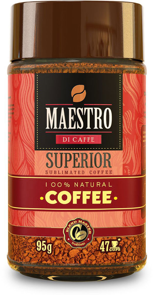 Maestro Di Caffe Superior кофе растворимый сублимированный, 95 г5060468280463 Maestro Di Caffe Superior кофе растворимый сублимированный, 95 г5060468280463Растворимый сублимированный кофе Maestro Di Caffe Superior сочетает бархатистый вкус бразильской арабики Santos с легкой кислинкой колумбийской арабики Supremo и крепостью робусты из Эквадора. Нежная ароматная пенка позволяет в полной мере насладиться изысканным насыщенным вкусом.