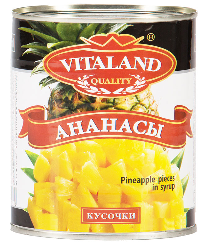Vitaland ананасы кусочки, 850 мл4041811017432 Vitaland ананасы кусочки, 850 мл4041811017432Кусочки ананасов, слегка подслащенные в сиропе.