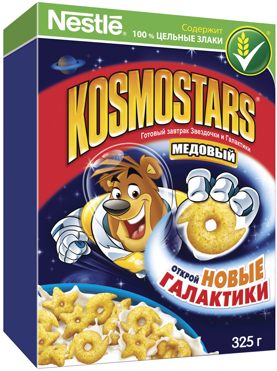 Nestle Kosmostars Медовые звездочки и галактики готовый завтрак, 325 г12156117 Nestle Kosmostars Медовые звездочки и галактики готовый завтрак, 325 г12156117Готовый завтрак Nestle Kosmostars Медовые звездочки и галактики - полезный, быстрый и вкусный способ получить заряд позитива и энергии на все утро как для юных космонавтов, так и для их родителей. Готовый завтрак содержит цельные злаки, натуральный мед, витамины и минеральные вещества. Цельные злаки играют важную роль в рационе питания детей, они содержат полезные для здоровья вещества: сложные углеводы, витамины, минеральные вещества и клетчатку (пищевые волокна). Рекомендуется употреблять с молоком, кефиром, йогуртом или соком. Уважаемые клиенты! Обращаем ваше внимание, что полный перечень состава продукта представлен на дополнительном изображении.