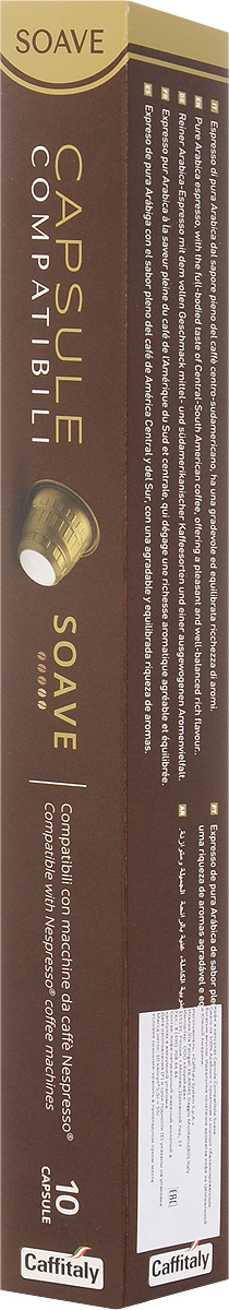 Caffitaly Soave кофе в капсулах, 10 шт8032680751325 Caffitaly Soave кофе в капсулах, 10 шт8032680751325Кофе в капсулах Caffitaly Soave специально разработан для системы Nespresso. Натуральный молотый кофе в капсулах. Содержит смесь из 100% арабики с приятным и хорошо сбалансированным богатым вкусом. Идеальное сочетание ароматов кофе из Центральной и Южной Америки. Специально разработанная конструкция позволяет легко вставлять капсулу в кофемашину без каких-либо усилий, что позволяет избежать выхода машины из строя. Задняя часть капсулы изготовлена из плотной фольги, поэтому капсула всегда прокалывается и исключается поломка режущего элемента кофемашины при прокалывании. Капсулы хватает для приготовления 200 мг напитка.