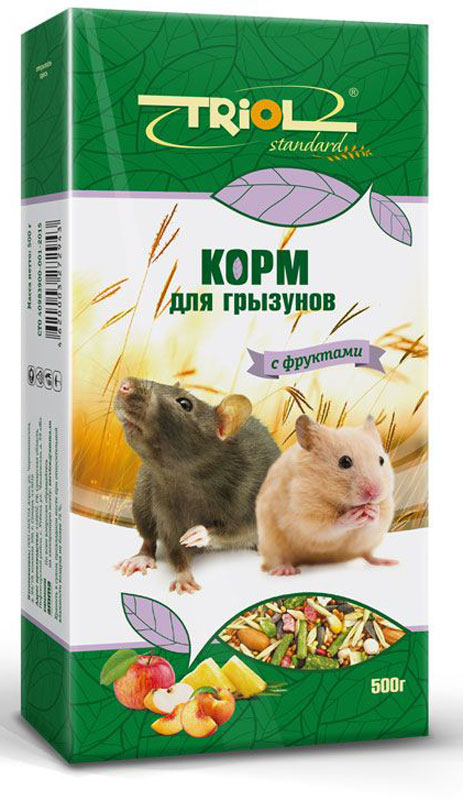 Корм для грызунов Triol Standard, с фруктами, 500 гКф-00700 Корм для грызунов Triol Standard, с фруктами, 500 гКф-00700Корм Triol Standard с фруктами порадует вашего грызуна и разнообразит его ежедневный рацион. Корм специально составлен из самых вкусных и необходимых компонентов, он содержит много волокон, что положительно влияет на пищеварение вашего питомца. Корм изготовлен из отборного экологически чистого зерна, для поддержания долгой и здоровой жизни вашего любимца. Состав: пшеница, овес, ячмень, травяные гранулы, семена подсолнечника, кукуруза, просо красное, горох, цукаты, арахис, просо белое, суданка, витамины. Товар сертифицирован.