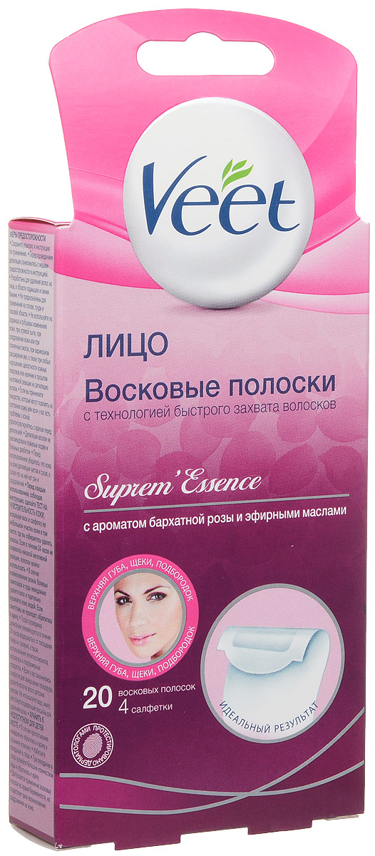 Veet Suprem Essence Восковые полоски для чувствительных участков тела, 18 шт, 4 салфетки0304825 Veet Suprem Essence Восковые полоски для чувствительных участков тела, 18 шт, 4 салфетки0304825Восковые полоски Veet Suprem Essence предназначены для чувствительных участков тела (лицо). Полоски специально разработаны для чувствительных участков тела. Размер полосок идеально подходит для небольших участков, например, для удаления волос над верхней губой. Длительный результат: гладкая кожа до 4-х недель. Эффективны на коротких волосках: действуют эффективно даже на волосках от 1,5 мм. Набор состоит из 18 восковых полосок и 4 салфеток для удаления воска Характеристики: Размер полоски: 6,5 см х 1,3 см. Размер упаковки: 13 см х 7 см х 2,5 см. Производитель: Франция. Товар сертифицирован.