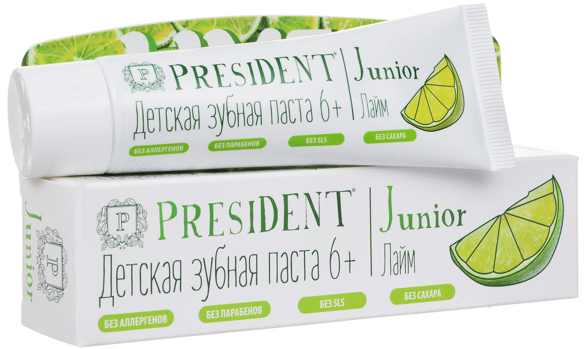 Зубная паста President Junior 6+, детская, со вкусом лайма, 50 мл4310-501118 Зубная паста President Junior 6+, детская, со вкусом лайма, 50 мл4310-501118Детская зубная паста President Junior 6+ обеспечивает деликатный и эффективный уход за молочными и постоянными зубами. Стимулирует процессы реминерализации, предотвращает разрушение эмали и развитие кариеса. Освежающий аромат лайма превращает процесс чистки зубов в удовольствие. Не содержит сахар, парабены, лаурилсульфат натрия, ПЭГ. Характеристики: Объем: 50 мл. Размер упаковки: 16,5 см х 3,5 см х 3 см. Производитель: Италия. Артикул: 4310-501118. Товар сертифицирован.