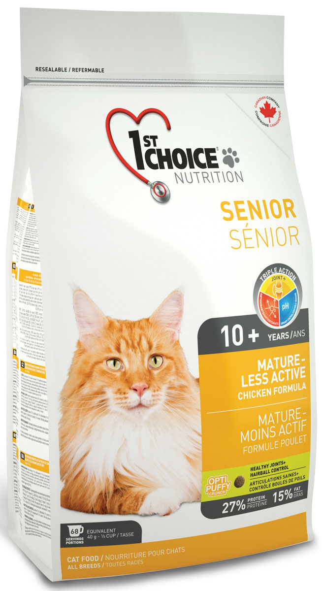 Корм сухой 1st Choice Mature or Less Active, для кошек, цыпленок, 2,72 кг102.1.271 Корм сухой 1st Choice Mature or Less Active, для кошек, цыпленок, 2,72 кг102.1.2711st Choice MATURE OR LESS ACTIVE, эта формула - идеальный выбор для пожилого животного. Обогащенный глюкозамином и хондроитином этот корм улучшает здоровье суставов и облегчает их подвижность. Специальные питательные вещества и антиоксиданты замедляют процесс старения. Идеальный рН-баланс поддерживает здоровье мочевыделительной системы. Здоровье суставов + система вывода шерсти. При покупке 1st Choice Mature or Less Active сухой корм для стареющих и малоактивных кошек (с курицей) Вы можете стать участником дисконтной программы Иванко Доставка. Подробности уточняйте у оператора. Свежая курица 27% белок 16% жир Суставы +: Способствует укреплению костей и здоровью суставов. рН-контроль мочи: Снижает риск возникновения камней в мочевыделительной системе. Антиоксиданты: Замедляют процесс старения.