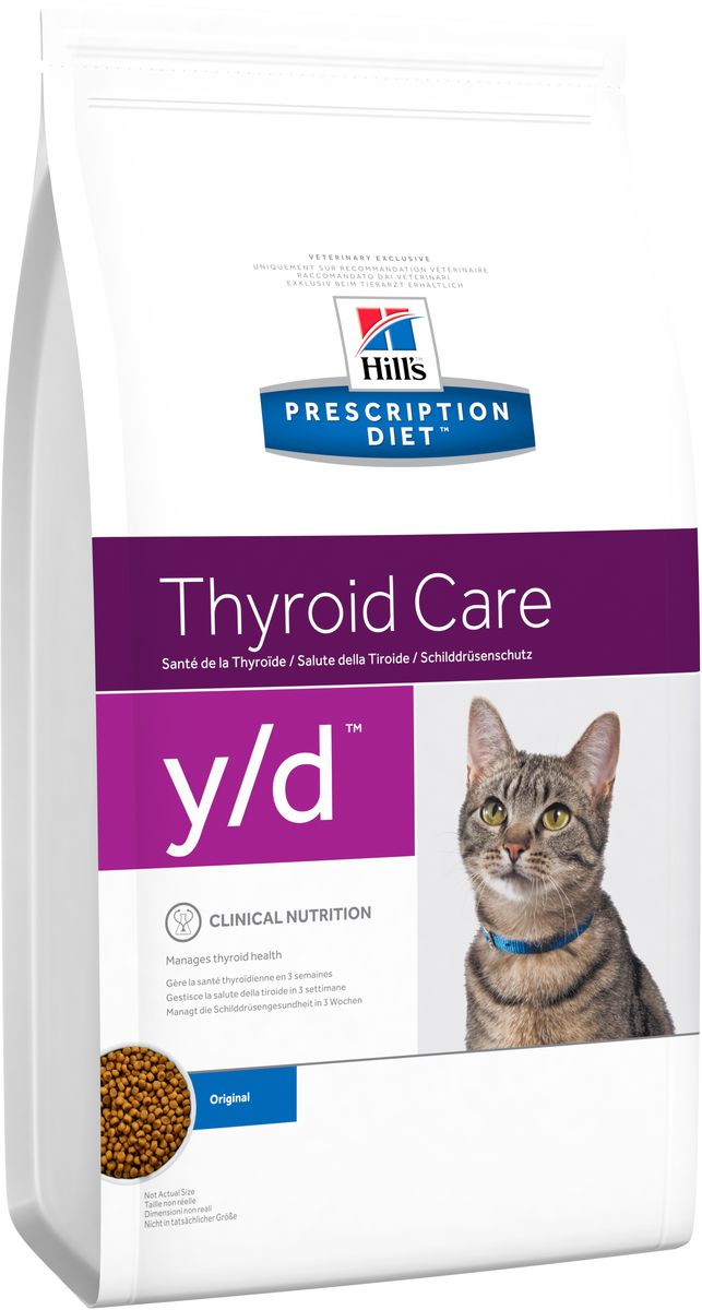 Сухой корм кошек Hills Prescription Diet y/d Feline Thyroid Health диета для лечения гипертиреоза 1,5кг, пакет1680 Сухой корм кошек Hills Prescription Diet y/d Feline Thyroid Health диета для лечения гипертиреоза 1,5кг, пакет1680Осуществляя покупку, я подтверждаю, что осведомлен о необходимости получения рекомендации ветеринарного специалиста не реже, чем раз в 6 месяцев для применения данного рациона. Рекомендуется • Кошкам с повышенной функцией щитовидной железы Не рекомендуется • Котятам • Беременным и лактирующим кошкам Ингредиенты сухого рациона Мука из кукурузного глютена, кукуруза, жиовтный жир, сухое цельное яйцо, семя льна, L-лизин, гидролизат белка, минералы, рыбий жир, Dl-метионин, L-карнитин, рис, таурин, витамины и микро-элементы. Содержит натуральные консерванты и антиоксиданты из натуральных источников. СРЕДНЕЕ СОДЕРЖАНИЕ НУТРИЕНТОВ В рационе Протеин 32,2 % Жиры 23,5 % Углеводы (БЭВ) 32,0 % Клетчатка (общая) 1,0 % Влага 5,6 % Кальций 0,80 % Фосфор 0,54 % Натрий 0,27 % Калий 0,86 % Магний 0,07 % Йод 0.18 мг/кг Омега-3 жирные кислоты 0,99 % Омега-6 жирные кислоты 3,64 % Таурин 1 970 мг/кг L-карнитин 505 мг/кг Витамин A10 12 700 МЕ/кг Витамин D10 435 МЕ/кг Витамин E10 610 мг/кг Витамин C10 110...