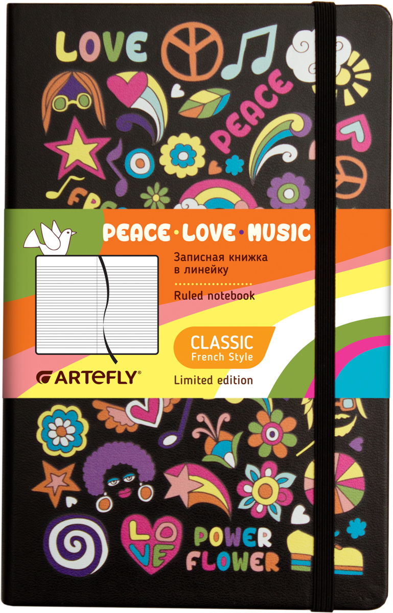 Artefly Записная книжка Love Peace Music 84 листа в линейкуAFNM-R7-LPM Artefly Записная книжка Love Peace Music 84 листа в линейкуAFNM-R7-LPMЗаписная книжка Artefly Love. Peace. Music будет всегда под рукой для записи нужной информации или важных мыслей. Внутренний блок состоит из 84 листов в линейку. Записная книжка имеет закругленные углы и кармашек на внутренней стороне обложки. Благодаря своему размеру книжка легко поместится в карман или небольшую сумку.