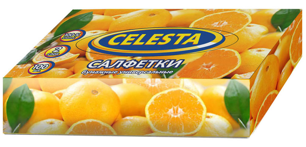 Салфетки бумажные Celesta, универсальные, 100 шт11876 Салфетки бумажные Celesta, универсальные, 100 шт11876Салфетки бумажные универсальные косметического, санитарно-гигиенического и хозяйственного назначения. Изготовлены из высококачественного целлюлозного сырья. Обладают хорошими впитывающими свойствами. Салфетки имеют мягкую и нежную текстуру. При извлечении из коробки салфетки не рвутся.