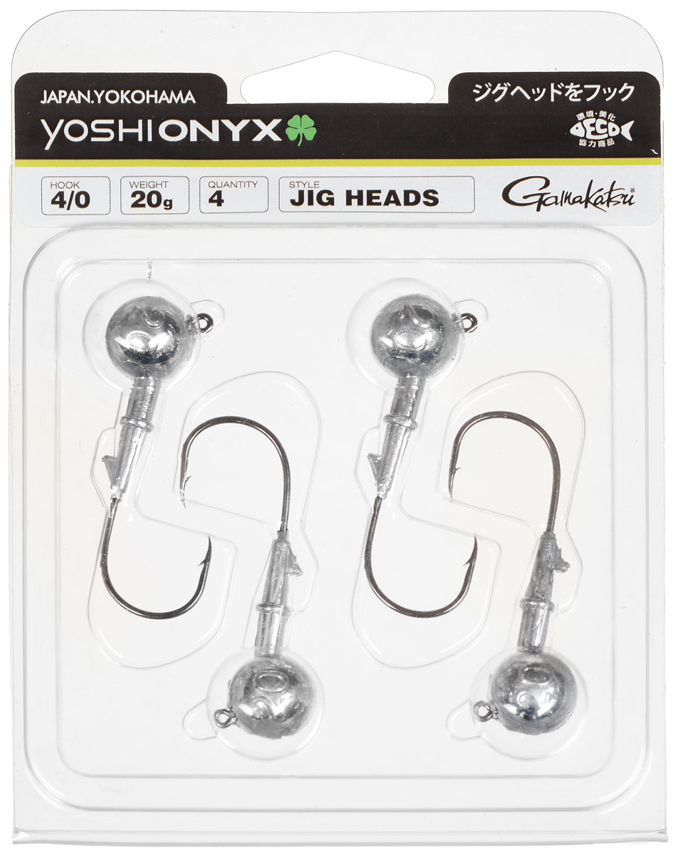 Джиг-головка Yoshi Onyx, крючок Gamakatsu 4/0, 20 г, 4 шт98002 Джиг-головка Yoshi Onyx, крючок Gamakatsu 4/0, 20 г, 4 шт98002Джиг-головки Yoshi Onyx предназначены в первую очередь для донной спиннинговой ловли - джиг спиннинга. Джиг головками оснащаются всевозможные мягкие приманки: виброхвосты, твистеры, силиконовые рачки и черви. Возможно их применение и с естественными насадками, к примеру, при ловле судака бортовой удочкой на мертвую рыбку или кусочки рыбы. Джиг-головка оснащена крючком Gamakatsu. Такой крючок прекрасно пробивает жесткую пасть крупного судака, щуки и сома. Вес: 20 г. Количество: 4 шт. Крючок: Gamakatsu 4/0.