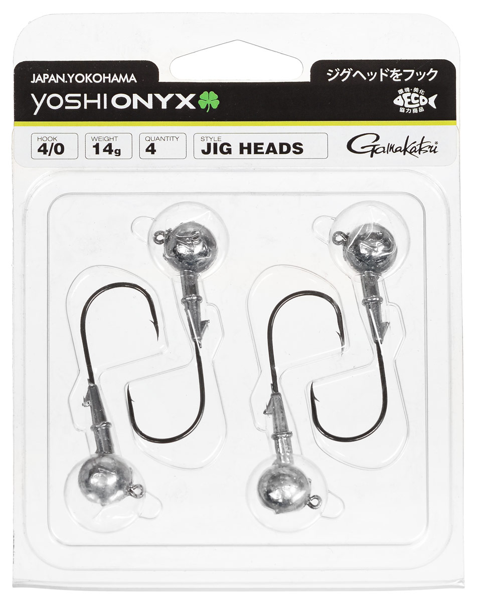 Джиг-головка Yoshi Onyx, крючок Gamakatsu 4/0, 14 г, 4 шт97999 Джиг-головка Yoshi Onyx, крючок Gamakatsu 4/0, 14 г, 4 шт97999Джиг-головки Yoshi Onyx предназначены в первую очередь для донной спиннинговой ловли - джиг спиннинга. Джиг головками оснащаются всевозможные мягкие приманки: виброхвосты, твистеры, силиконовые рачки и черви. Возможно их применение и с естественными насадками, к примеру, при ловле судака бортовой удочкой на мертвую рыбку или кусочки рыбы. Джиг-головка оснащена крючком Gamakatsu. Такой крючок прекрасно пробивает жесткую пасть крупного судака, щуки и сома. Вес: 14 г. Количество: 4 шт. Крючок: Gamakatsu 4/0.