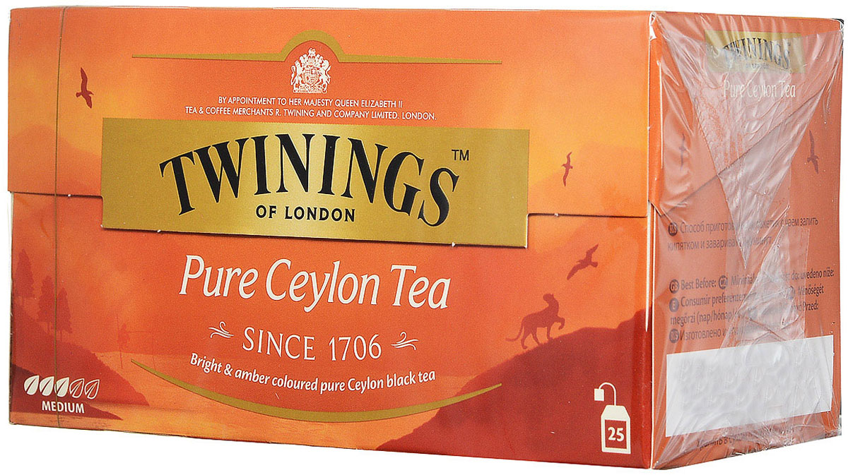 Twinings Pure Ceylon чай черный в пакетиках, 25 шт26043 Twinings Pure Ceylon чай черный в пакетиках, 25 шт26043Цейлонский чай Twinings Pure Ceylon с ярким янтарным цветом и утонченным вкусом. Начните день с чашки душистого напитка и ощутите прилив сил и хорошего настроения.