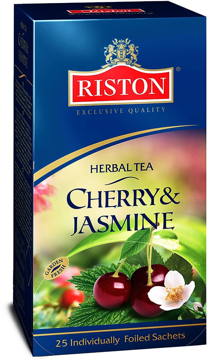 Riston Вишня-жасмин чай травяной в пакетиках, 25 шт4792156005126 Riston Вишня-жасмин чай травяной в пакетиках, 25 шт4792156005126Насыщенный вишневый настой теплого рубинового цвета с плотным, мягким вкусом и густым обволакивающим ароматом, дополненным тонкими элегантными нотками жасмина.