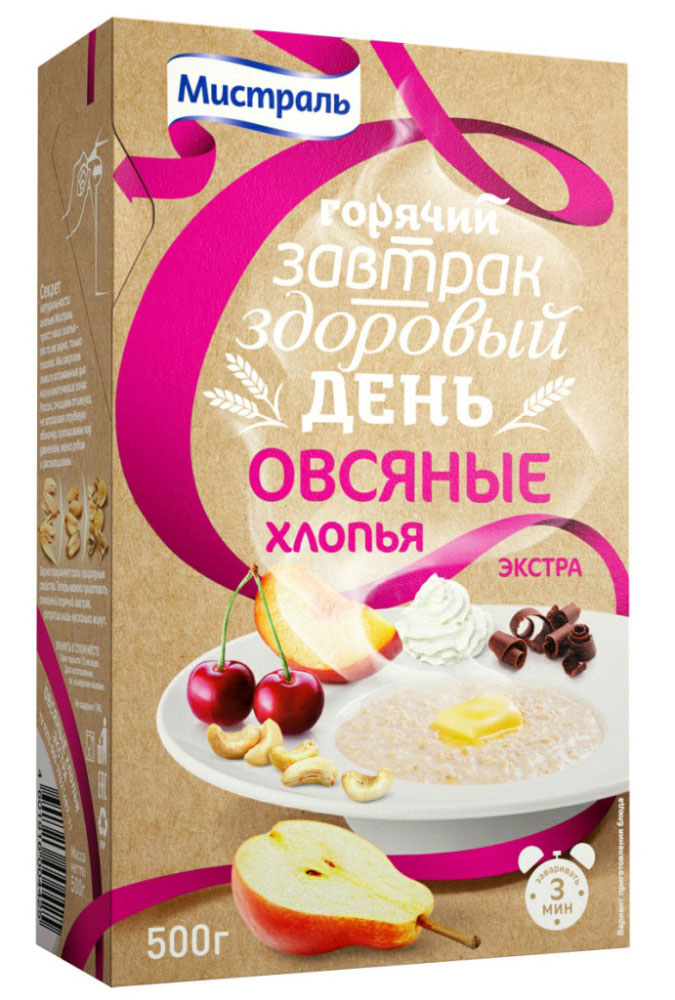 Мистраль Хлопья овсяные Экстра, 500 г15304 Мистраль Хлопья овсяные Экстра, 500 г15304Секрет натуральных хлопьев Мистраль прост: хлопья - это то же зерно, только плоское. Зерно сохраняет свои природные свойства. Теперь можно приготовить полезный горячий завтрак, потратив лишь несколько минут. Большинство диетологов особое внимание уделяют завтраку, ведь горячий завтрак - зачастую единственная возможность правильно поесть за день. Мистраль поможет вам превратить обычную кашу в полезный утренний десерт всего за три минуты.