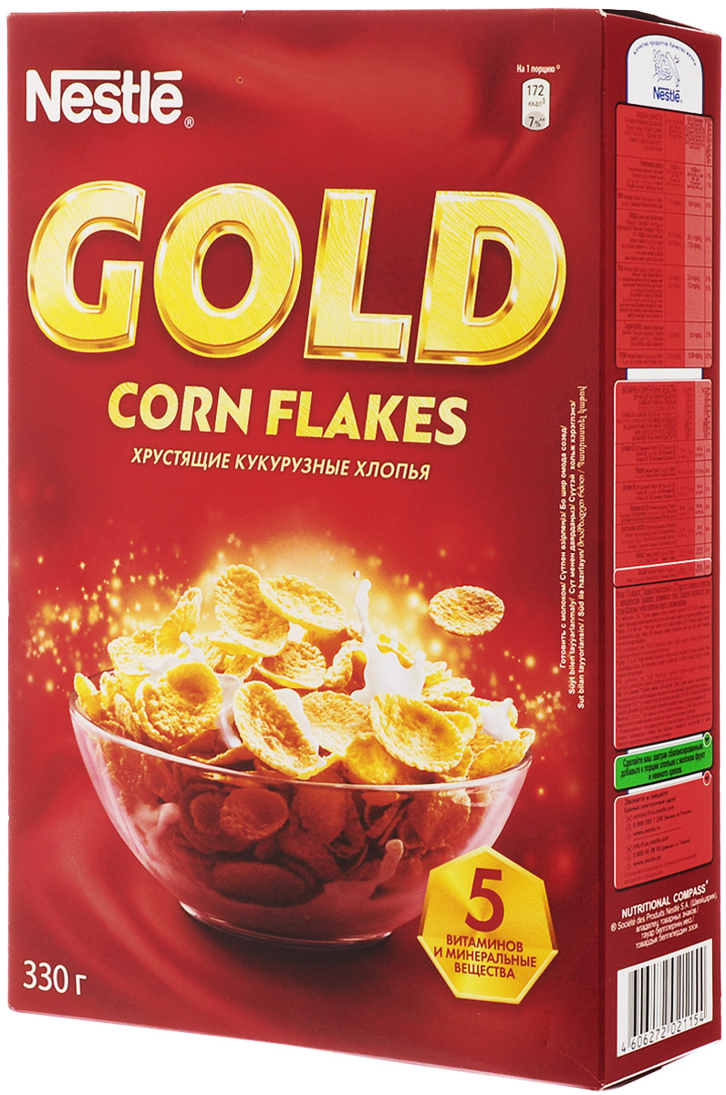 Nestle Gold Corn Flakes готовый завтрак, 330 г12183930 Nestle Gold Corn Flakes готовый завтрак, 330 г12183930Готовый завтрак Nestle Gold Corn Flakes - это отличный завтрак для всей семьи. Хрустящие кукурузные хлопья дополнительно обогащены комплексом витаминов. Каждая порция готового завтрака более чем на 15% удовлетворяет рекомендуемую суточную потребность в витаминах B2, B3 (ниацине), B5 (пантотеновой кислоте), B6 и B9 (фолиевой кислоте). Вы любите начинать утро с полезного, качественного и вкусного завтрака? Вы привыкли выбирать для себя только самое лучшее? Тогда кукурузные хлопья Gold Corn Flakes - для вас! Хлопья рекомендуется употреблять с молоком, кефиром, йогуртом или соком. Уважаемые клиенты! Обращаем ваше внимание на то, что упаковка может иметь несколько видов дизайна. Поставка осуществляется в зависимости от наличия на складе.