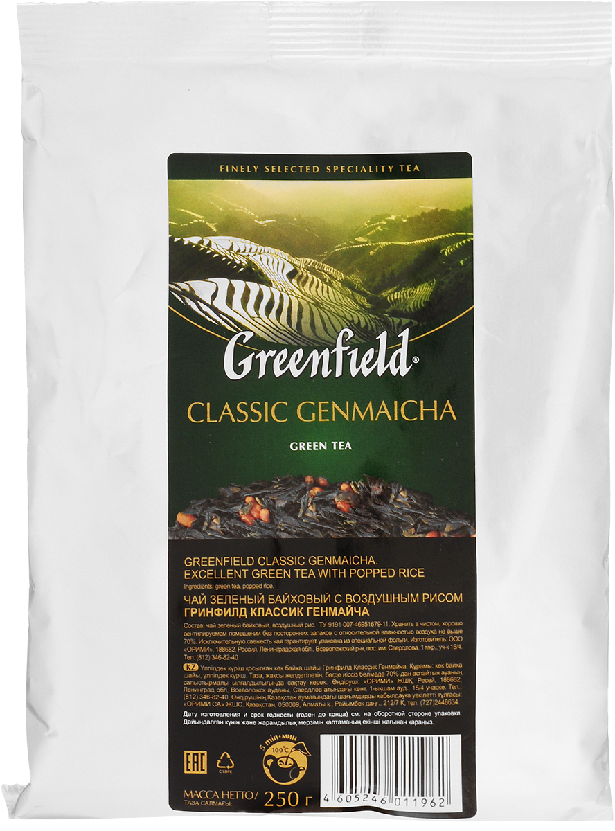 Greenfield Classic Genmaicha чай зеленый листовой с воздушным рисом, 250 г1196-15 Greenfield Classic Genmaicha чай зеленый листовой с воздушным рисом, 250 г1196-15Самобытность и гармония, свойственные национальной японской культуре, воплощаются в оригинальном чае генмайча. Для его приготовления зеленый японский чай сенча объединяют с обжаренными рисовыми зернами, получая изысканное сочетание, интригующее новизной и своеобразием. В насыщенном вкусе Greenfield Classic Genmaicha хорошо слышна характерная свежесть сенчи, послевкусие с легкой карамельной нотой и тонкий, чуть дымный аромат. Исключительную свежесть чая гарантирует упаковка из специальной фольги.