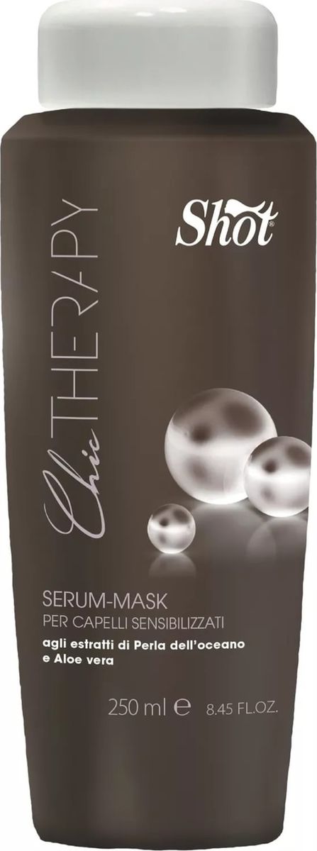 Shot Chic Therapy Serum-Mask Safe-Color - Маска-сыворотка с Экстрактом жемчуга и Алоэ Вера 250 млSHCT4321 Shot Chic Therapy Serum-Mask Safe-Color - Маска-сыворотка с Экстрактом жемчуга и Алоэ Вера 250 млSHCT4321Маска-сыворотка - это прекрасный микс по уходу за волосами: маска для волос глубокого воздействия в сочетании с регенерирующей сывороткой с оливковым маслом, алоэ вера и экстрактом океанического жемчуга. Продукт идеален для поддержания цвета окрашенных волос перманентным красителем. Обеспечивает увлажнение, лёгкость расчёсывания и укрепление структуры, подходит для чувствительных, пористых волос.
