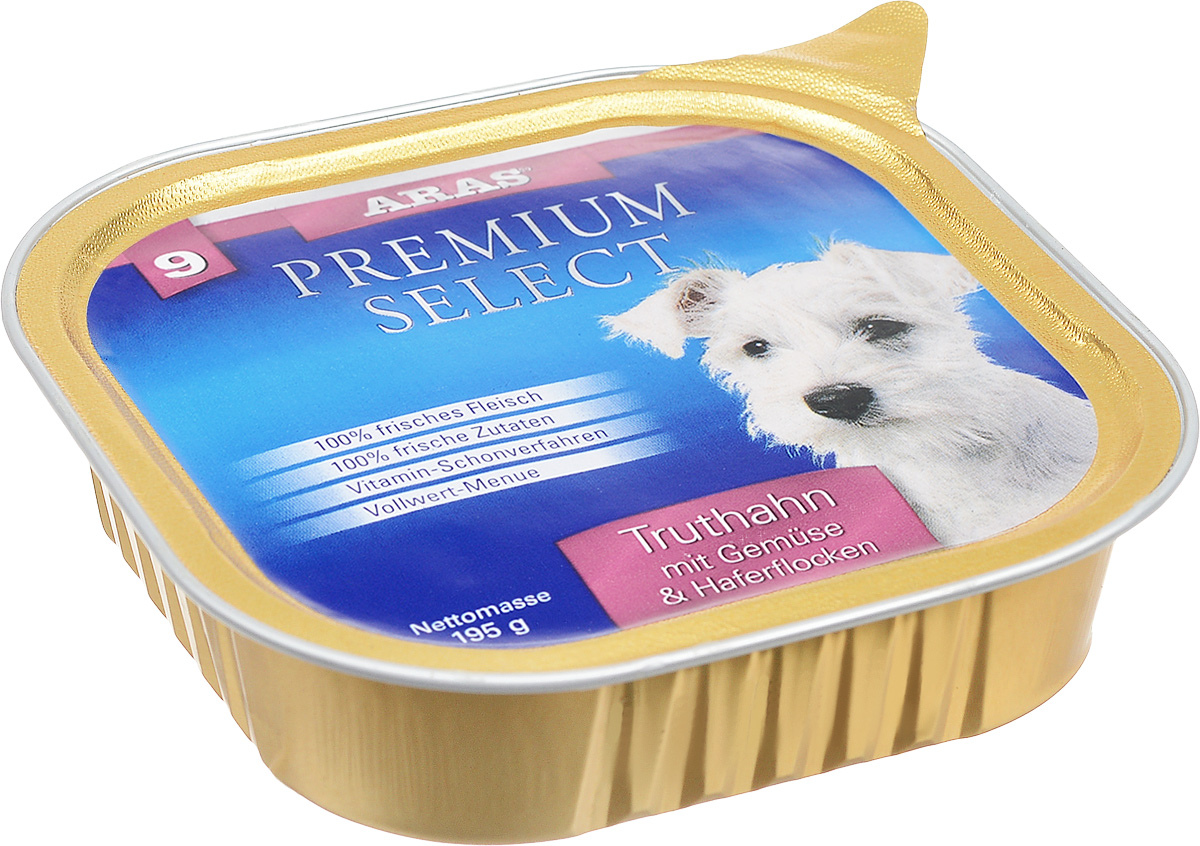 Консервы для собак Aras Premium Select, с индейкой, овощами и овсяными хлопьями, 195 г101209 Консервы для собак Aras Premium Select, с индейкой, овощами и овсяными хлопьями, 195 г101209Повседневный консервированный корм Aras Premium Select подходим для собак всех пород и всех возрастов. При производстве корма используются исключительно свежие натуральные продукты: мясо, овощи, овсяные хлопья и экстракт масла зародышей зерна пшеницы холодного отжима (Bio- Dura). Благодаря уникальной технологии, схожей с технологий Souse Vide, при изготовлении сохраняются все натуральные витамины и минералы. Это достигается благодаря бережной обработке всех ингредиентов при температуре менее 80 градусов. Такая бережная обработка продуктов не стерилизует продуктовые компоненты, поэтому корма не нуждаются ни в каких дополнительных вкусовых добавках и сохраняют все необходимые полезные вещества. Не содержит химических красителей, усилителей вкуса, искусственных консервантов, химических добавок и ГМО. Состав: мясо (индейка/говядина) 94%, овощи 2%, овсяные хлопья 2%, экстракт зародышей пшеницы холодного отжима 2%. Пищевая ценность: белки 12,6%,...