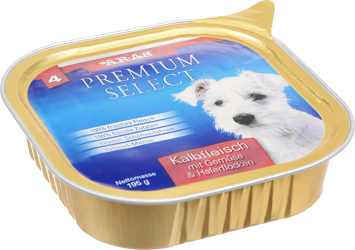 Консервы для собак Aras Premium Select, с телятиной, овощами и овсяными хлопьями, 195 г101204 Консервы для собак Aras Premium Select, с телятиной, овощами и овсяными хлопьями, 195 г101204Повседневный консервированный корм Aras Premium Select подходим для собак всех пород и всех возрастов. При производстве корма используются исключительно свежие натуральные продукты: мясо, овощи, овсяные хлопья и экстракт масла зародышей зерна пшеницы холодного отжима (Bio- Dura). Благодаря уникальной технологии, схожей с технологий Souse Vide, при изготовлении сохраняются все натуральные витамины и минералы. Это достигается благодаря бережной обработке всех ингредиентов при температуре менее 80 градусов. Такая бережная обработка продуктов не стерилизует продуктовые компоненты, поэтому корма не нуждаются ни в каких дополнительных вкусовых добавках и сохраняют все необходимые полезные вещества. Не содержит химических красителей, усилителей вкуса, искусственных консервантов, химических добавок и ГМО. Состав: мясо (телятина) 95%, овощи 2%, овсяные хлопья 1%, экстракт зародышей пшеницы холодного отжима 2%. Пищевая ценность: белки 12,6%, жиры...
