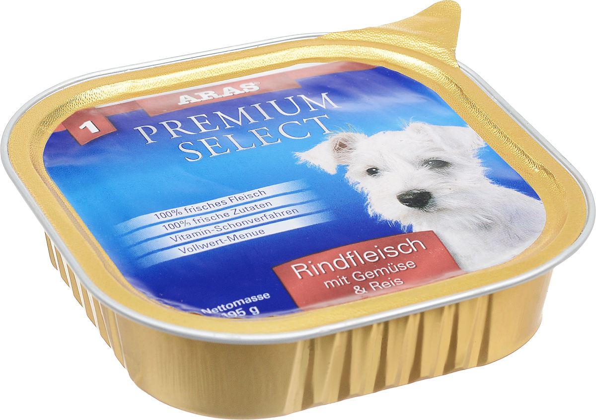 Консервы для собак Aras Premium Select, с говядиной, овощами и рисом, 195 г101201 Консервы для собак Aras Premium Select, с говядиной, овощами и рисом, 195 г101201Повседневный консервированный корм Aras Premium Select подходим для собак всех пород и всех возрастов. При производстве корма используются исключительно свежие натуральные продукты: мясо, овощи, зерновые и экстракт масла зародышей зерна пшеницы холодного отжима (Bio-Dura). Благодаря уникальной технологии, схожей с технологий Souse Vide, при изготовлении сохраняются все натуральные витамины и минералы. Это достигается благодаря бережной обработке всех ингредиентов при температуре менее 80 градусов. Такая бережная обработка продуктов не стерилизует продуктовые компоненты, поэтому корма не нуждаются ни в каких дополнительных вкусовых добавках и сохраняют все необходимые полезные вещества. Не содержит химических красителей, усилителей вкуса, искусственных консервантов, химических добавок и ГМО. Состав: мясо говядины 94%, овощи 2%, рис 2%, экстракт зародышей пшеницы холодного отжима 2%. Пищевая ценность: белки 12,8%, жиры 6,4%, зола 1,9%,...