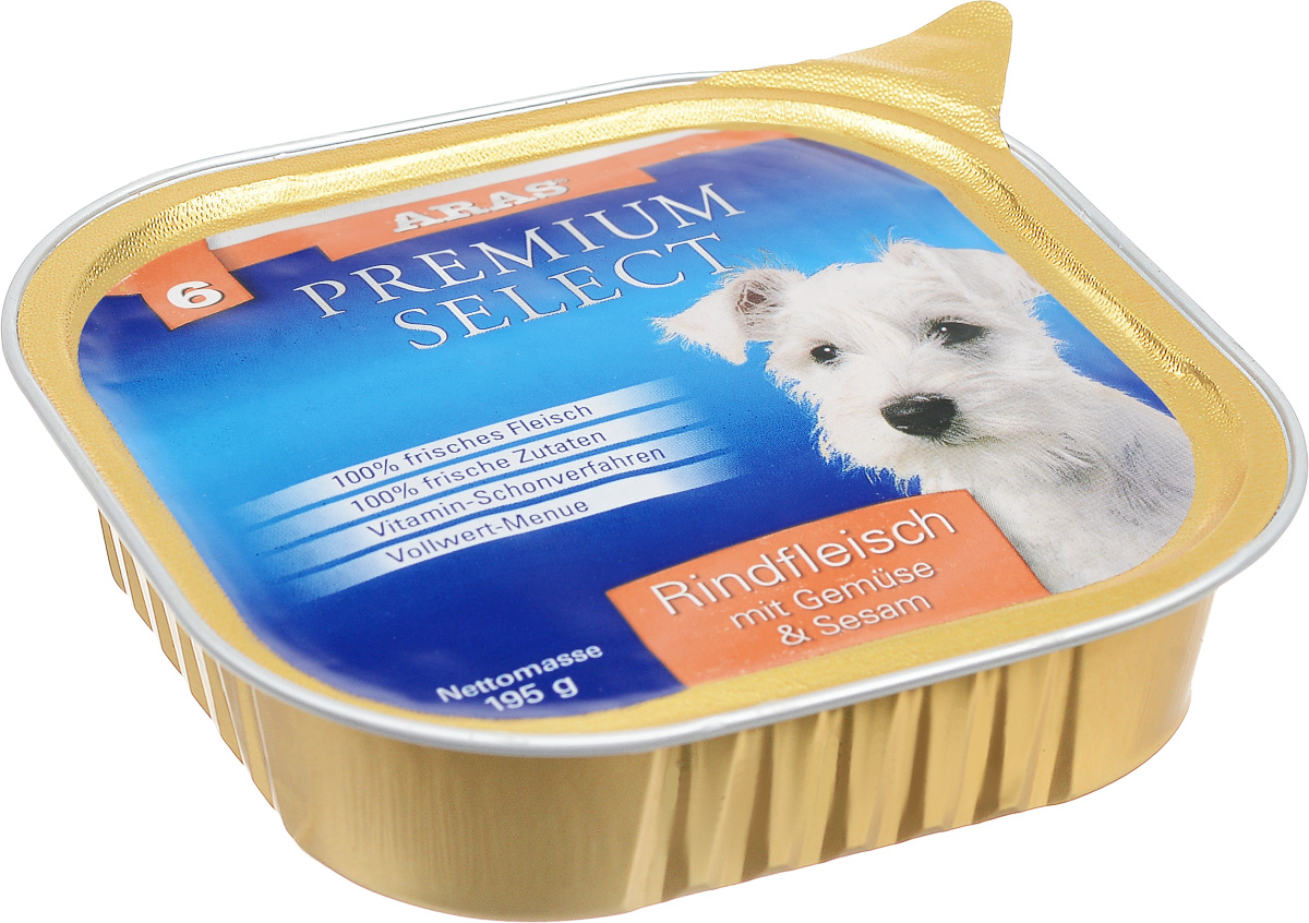 Консервы для собак Aras Premium Select, с говядиной, овощами и кунжутом, 195 г101206 Консервы для собак Aras Premium Select, с говядиной, овощами и кунжутом, 195 г101206Повседневный консервированный корм Aras Premium Select подходим для собак всех пород и всех возрастов. При производстве корма используются исключительно свежие натуральные продукты: мясо, овощи, кунжут и экстракт масла зародышей зерна пшеницы холодного отжима (Bio-Dura). Благодаря уникальной технологии, схожей с технологий Souse Vide, при изготовлении сохраняются все натуральные витамины и минералы. Это достигается благодаря бережной обработке всех ингредиентов при температуре менее 80 градусов. Такая бережная обработка продуктов не стерилизует продуктовые компоненты, поэтому корма не нуждаются ни в каких дополнительных вкусовых добавках и сохраняют все необходимые полезные вещества. Не содержит химических красителей, усилителей вкуса, искусственных консервантов, химических добавок и ГМО. Состав: мясо (говядина) 95%, овощи 2%, кунжут 1%, экстракт зародышей пшеницы холодного отжима 2%. Пищевая ценность: белки 12,8%, жиры 6,1%, зола 1,9%,...