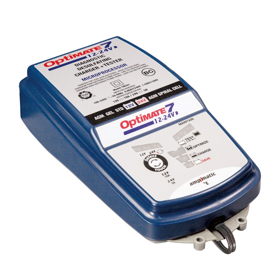 Зарядное устройство OptiMate 7 12/24V. TM260TM260 Зарядное устройство OptiMate 7 12/24V. TM260TM260Многоступенчатое зарядное устройство Optimate от бельгийской компании TecMate с режимами тестирования, восстановления глубокоразряженных аккумуляторных батарей, десульфатации и хранения. Управление автоматическое AmpmaticTM микропроцессор, переключение режимов 12В и 24В сенсорной кнопкой. Заряжает все типы 12В и 24В свинцово-кислотных аккумуляторных батарей, в т.ч. AGM, GEL. Защита от короткого замыкания, переполюсовки, искрообразования, перегрева. Оптимизирует срок службы и здоровье аккумуляторной батареи. Гарантия 3 года (замена на новое изделие). Влагозащищенный корпус. Рекомендовано 10-ю ведущими производителями мототехники. Optimate 7 рекомендуется для АКБ от 3Ач до 400 Ач - 12В, до 200Ач - 24В. Ток заряда до 10А для 12В; до 5А для 24В. Старт зарядки АКБ от 0,5В. Температурный режим -40...+40С. В комплект устройства входят аксессуары O11 кольцевой разъем постоянного подключения и O4 зажимы типа крокодил.